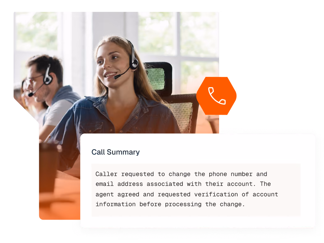 Call center representative with a call summary shown
