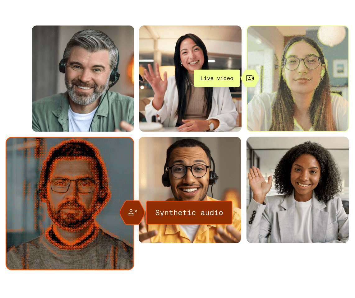 grid of faces on video call some are flagged with high risk or synthetic video