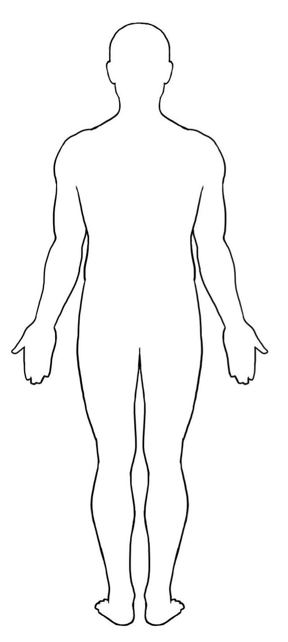Black outline of a human figure viewed from the back with arms slightly out and legs close together.