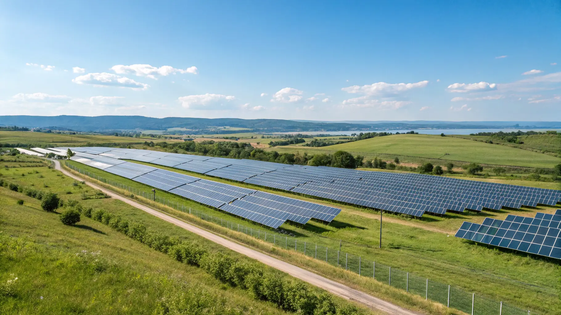 Luftaufnahme eines großflächigen Solarparks in hügeliger Landschaft mit See im Hintergrund