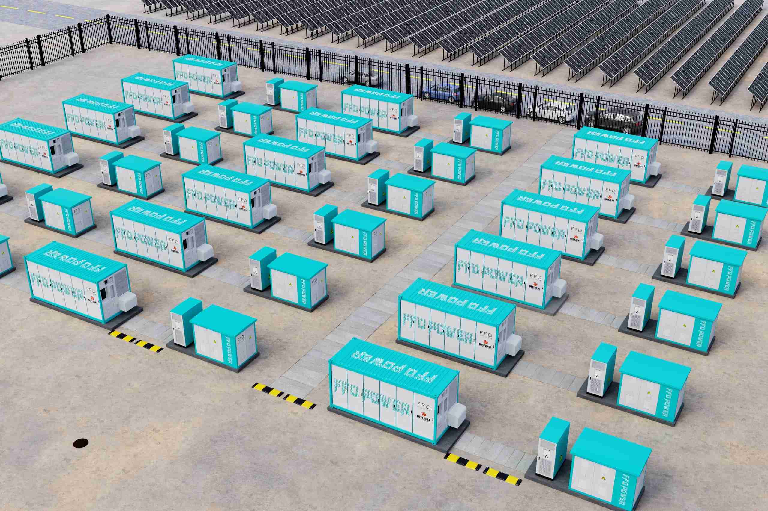 Luftaufnahme einer großflächigen Utility-Scale-BESS-Anlage mit zahlreichen FFD POWER Containereinheiten in Reihen neben einem PV-Solarpark