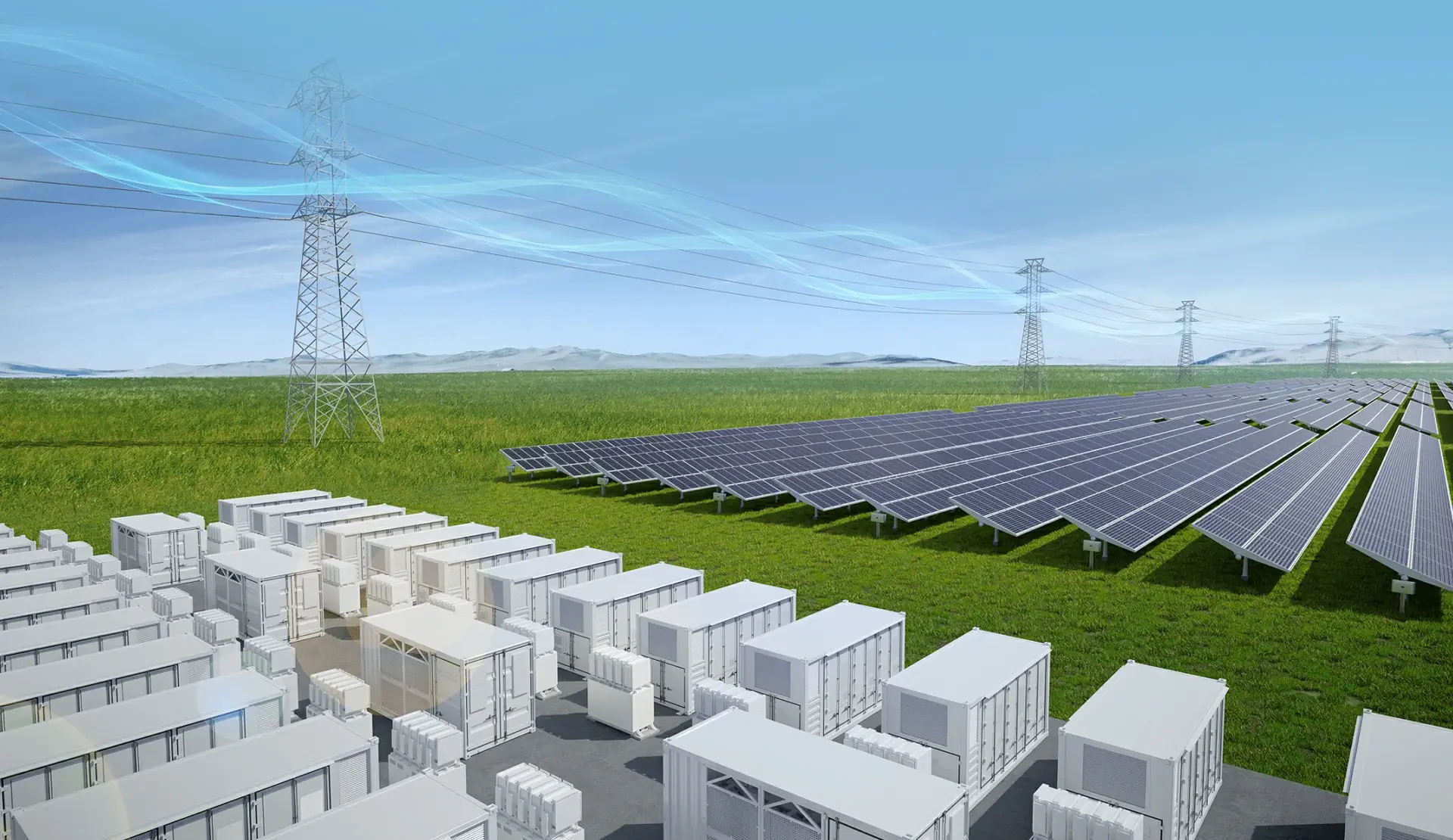 Utility-Scale-BESS und Solarpark an Übertragungsleitungen angeschlossen, zur Veranschaulichung von Kennzahlen wie Zyklenlebensdauer, Entladetiefe und Effizienz