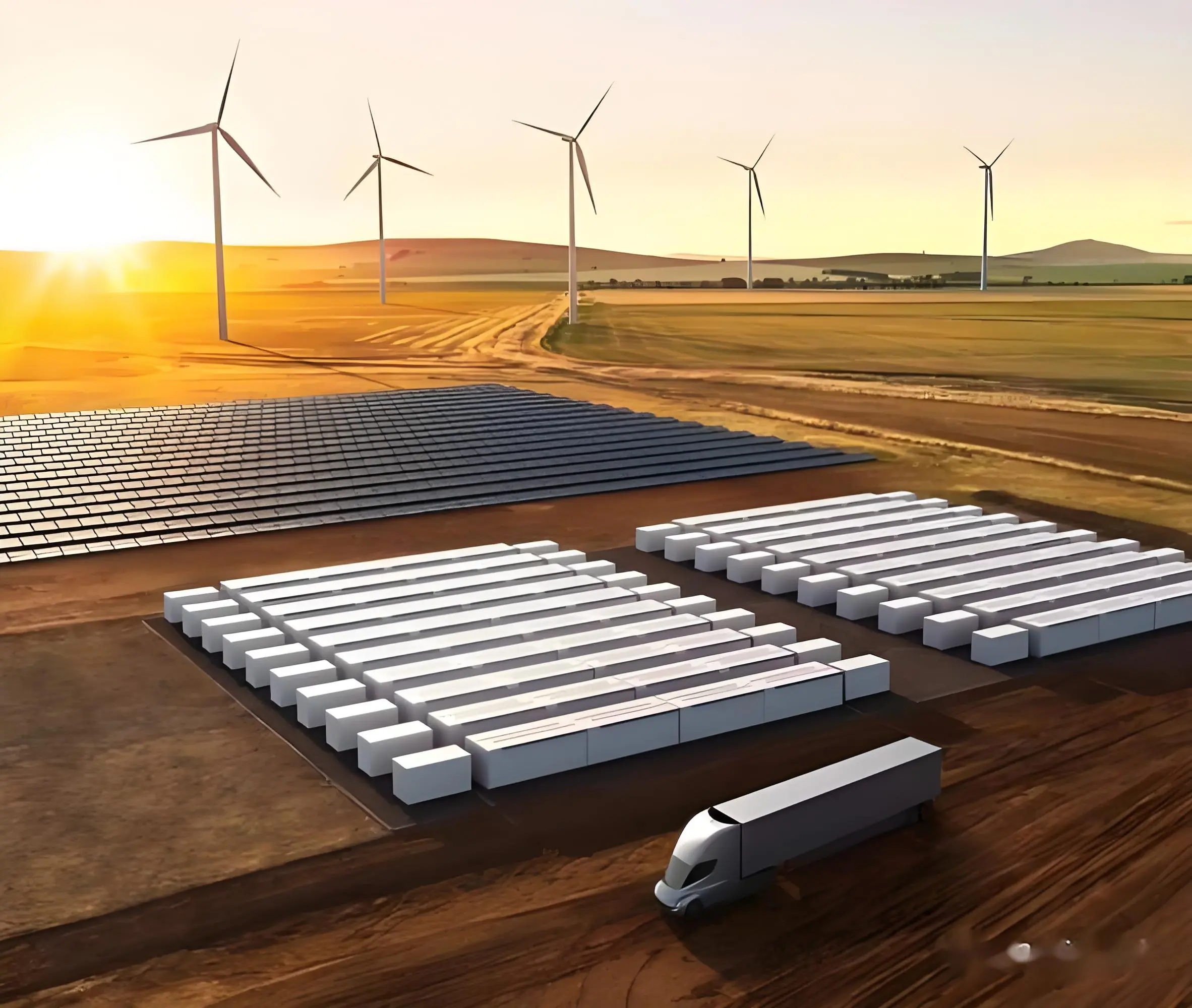 Konzept erneuerbarer Energiespeicherung mit Windturbinen, Solarpark und Batteriespeichereinheiten für das Energiesystem der Zukunft