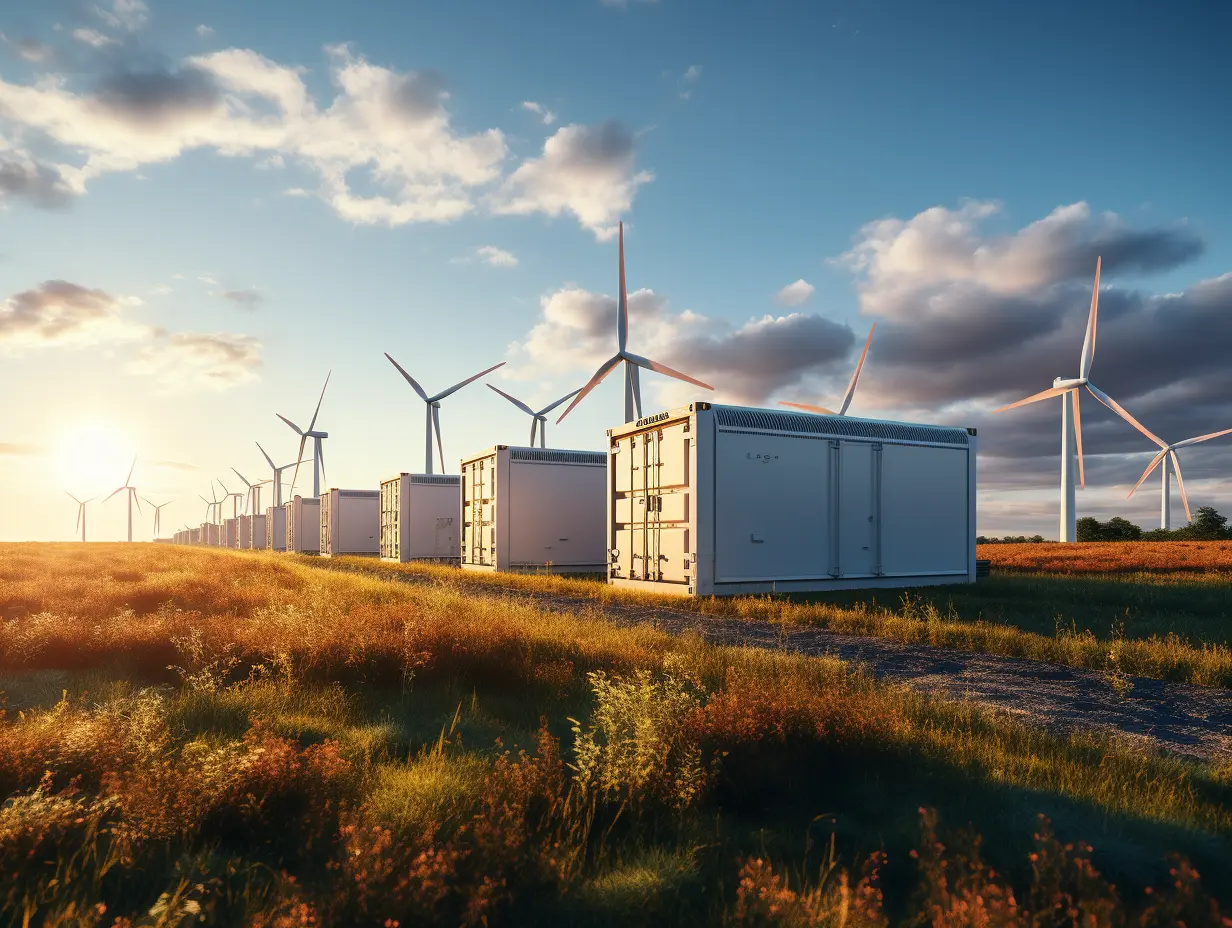 Netzgekoppelte vs. netzunabhängige Speicherkonzepte: containerisierte BESS-Einheiten neben einem Windpark unter offenem Himmel