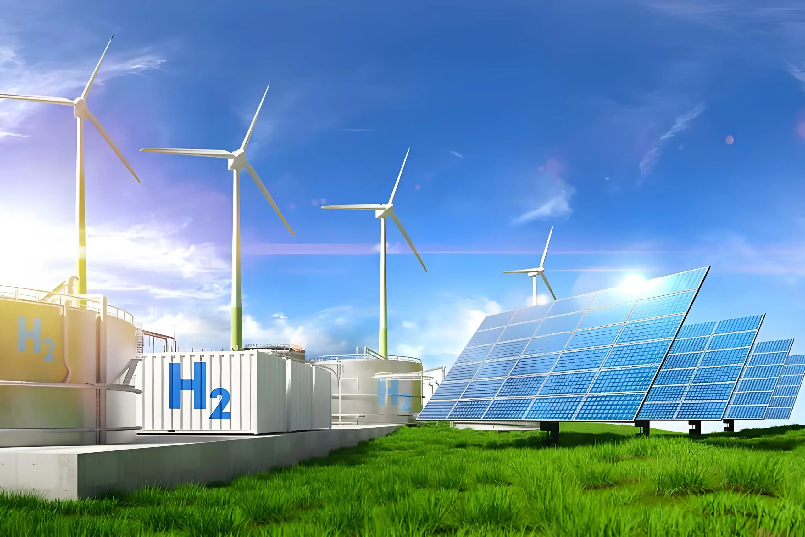 Energiespeichersysteme versorgen grüne Energie: Windturbinen, Solarmodule und Wasserstoffspeicher in sauberer, erneuerbarer Landschaft