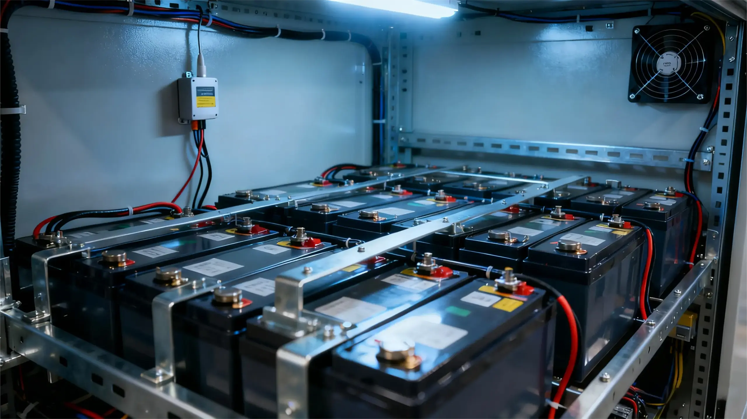 Nahaufnahme von Batteriemodulen in einem Speicherschrank, zur Veranschaulichung der Finanzierungs- und Kostenstruktur von CAPEX- vs. OPEX-Geschäftsmodellen