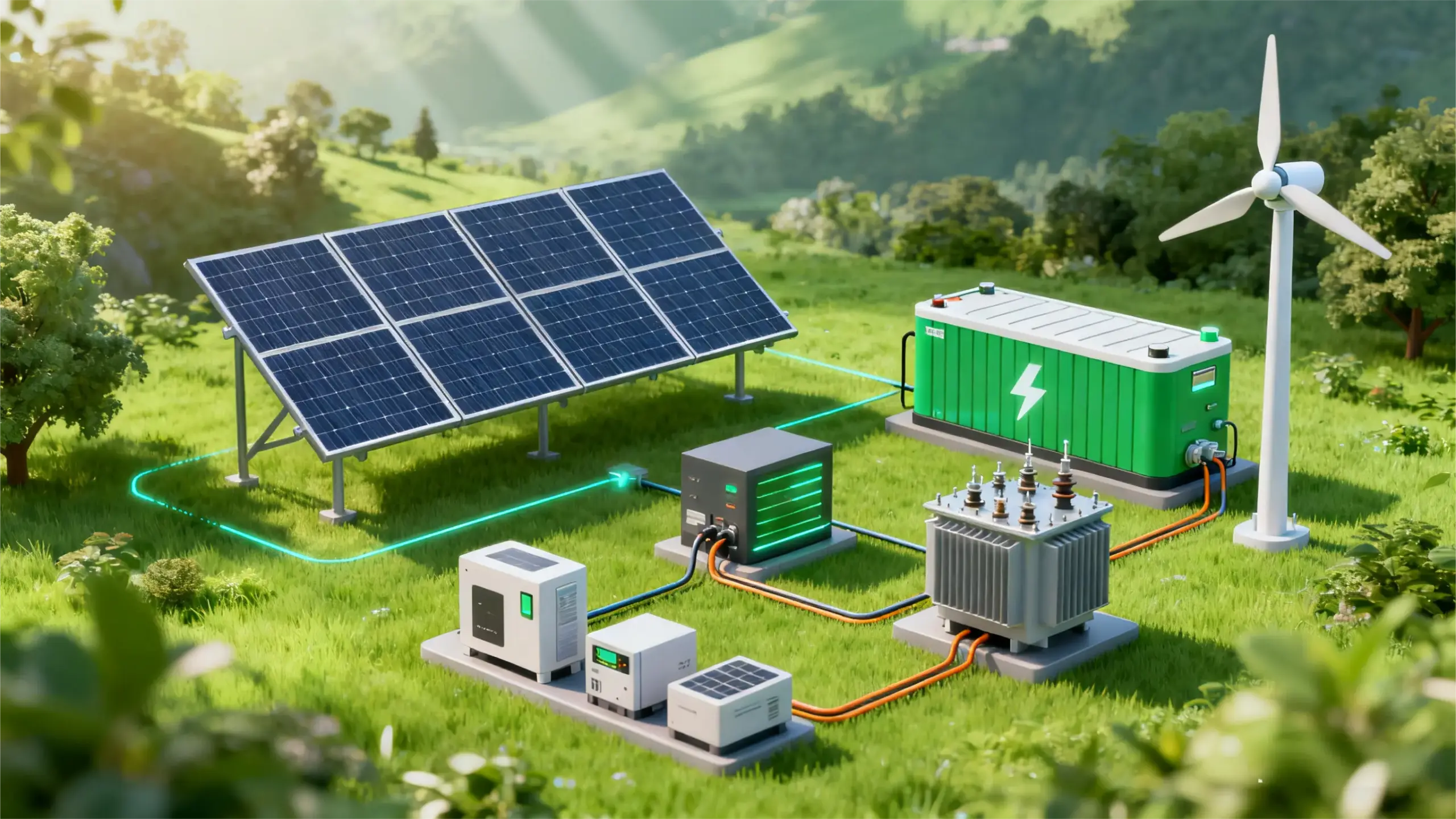 Mikronetz-Systemillustration mit Solarmodulen, Windturbine, Batteriespeicher und Steuerungen für zuverlässige Stromversorgung von Fabriken, Campus und Gemeinden