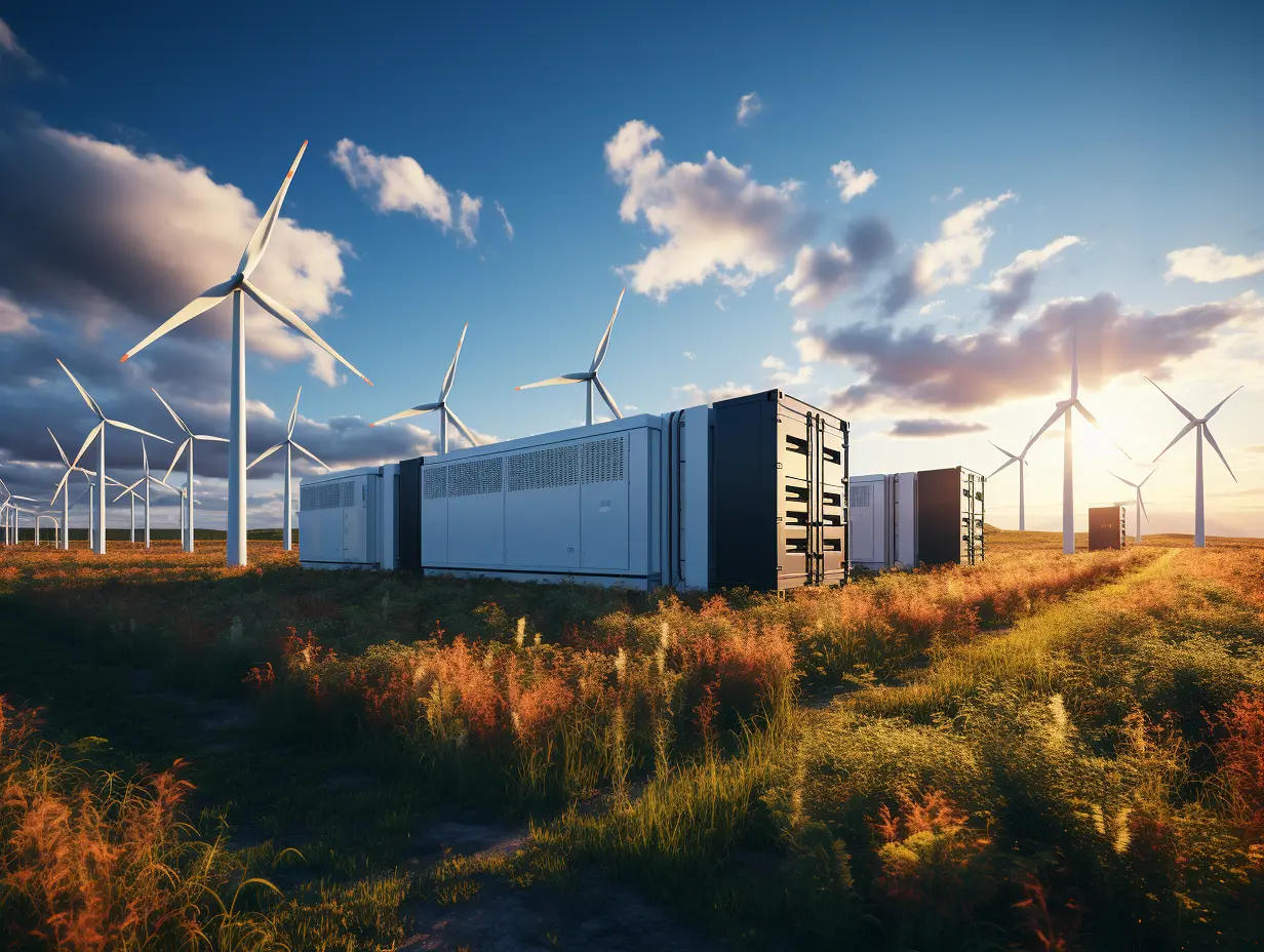 Gewerbliche und industrielle Batteriespeichercontainer neben einem Windpark bei Sonnenuntergang, für niedrigere Energiekosten und höhere Effizienz