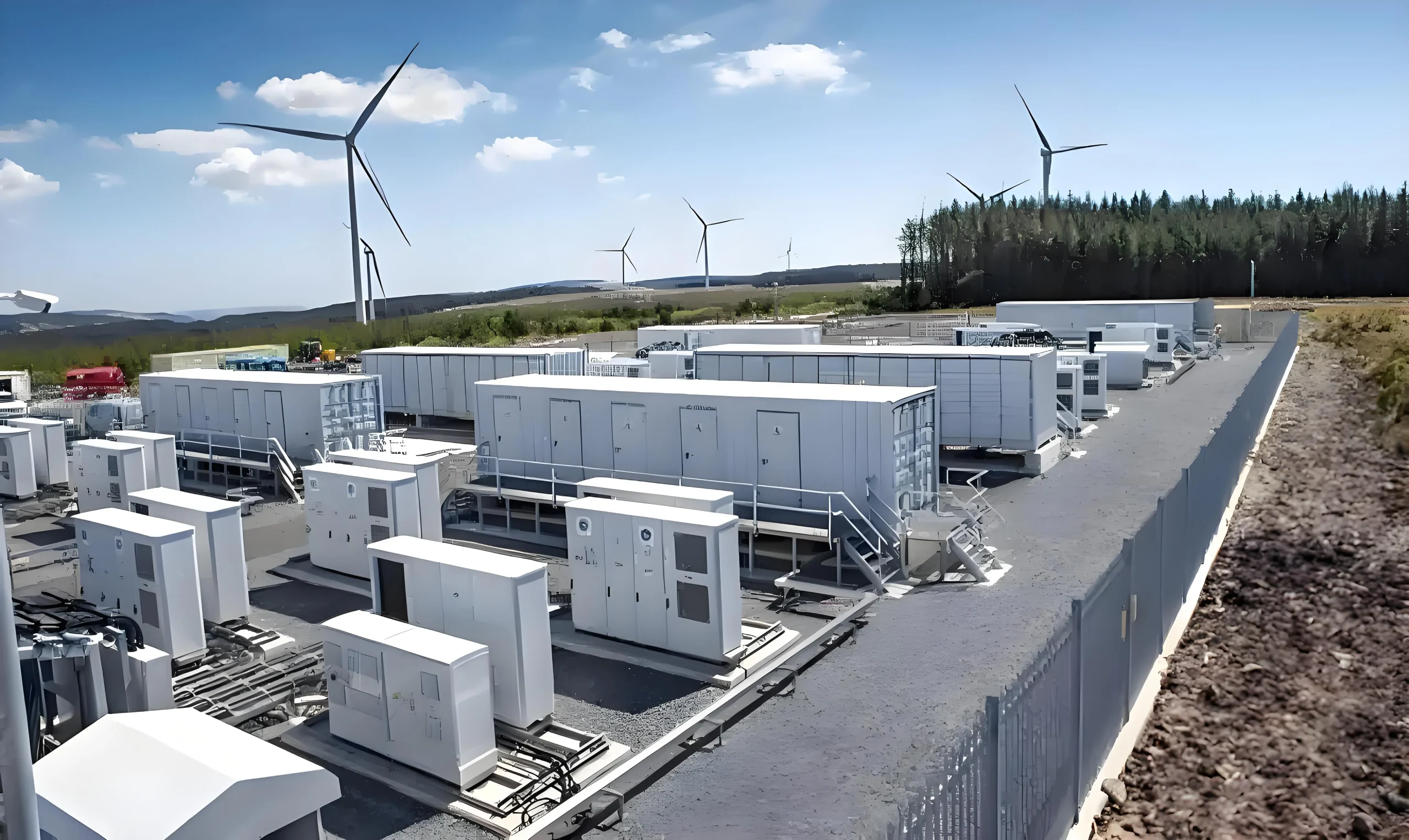 Utility-Scale-Speicheranlage mit mehreren PCS-Einheiten und containerisierten Batteriesystemen, zur Veranschaulichung zentraler, String- und modularer PCS-Architekturen