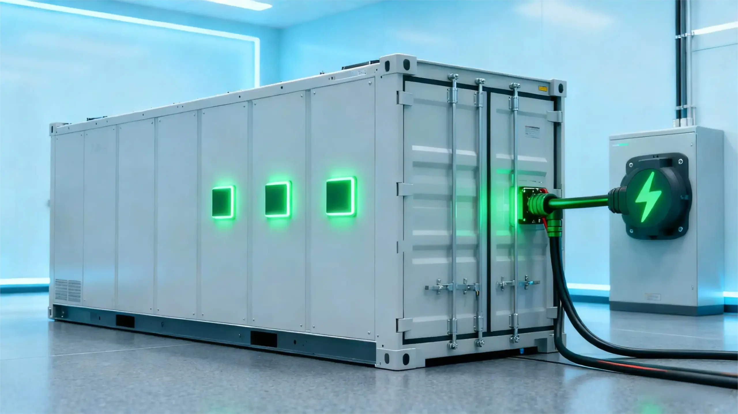 Containerisiertes Batteriespeichersystem an einer Leistungsschnittstelle angeschlossen, zur Veranschaulichung des Round-Trip-Wirkungsgrads (RTE) beim Laden und Entladen