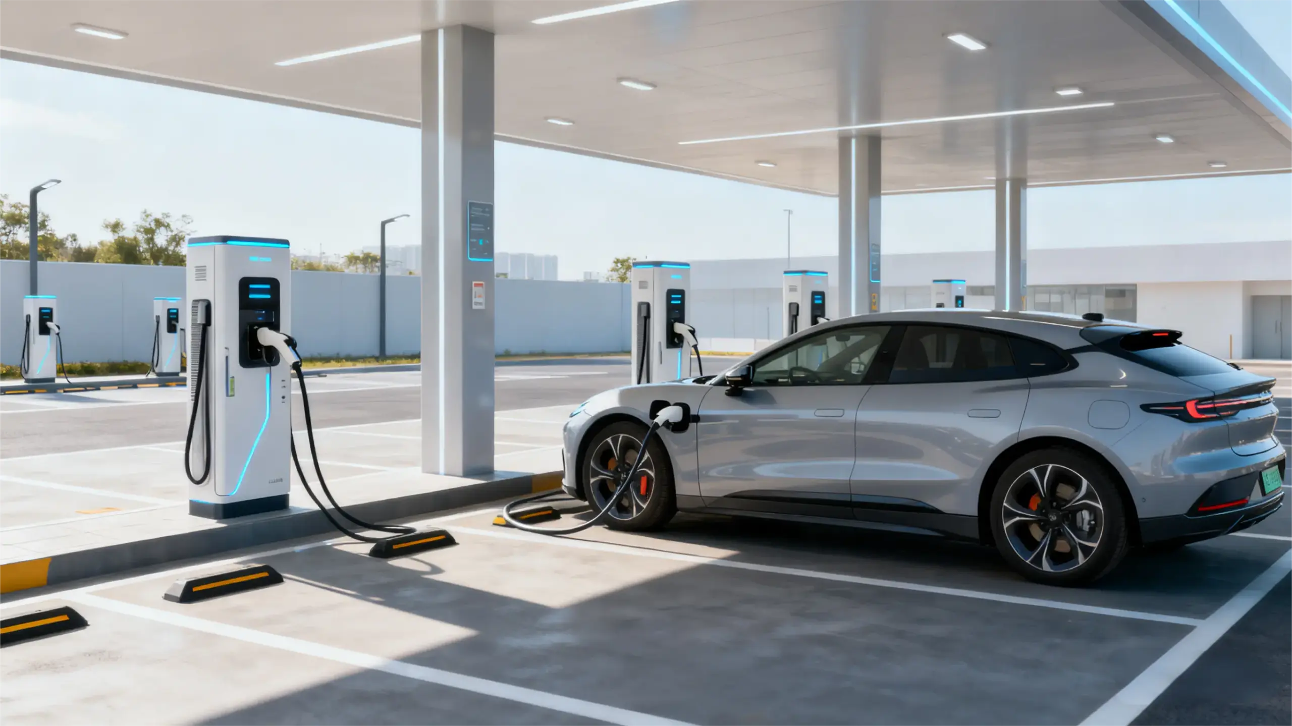 Elektroauto lädt an einer Schnellladestation, zur Veranschaulichung der C-Rate als „Beschleunigungsfaktor“, der bestimmt, wie schnell ein Speichersystem laden/entladen kann