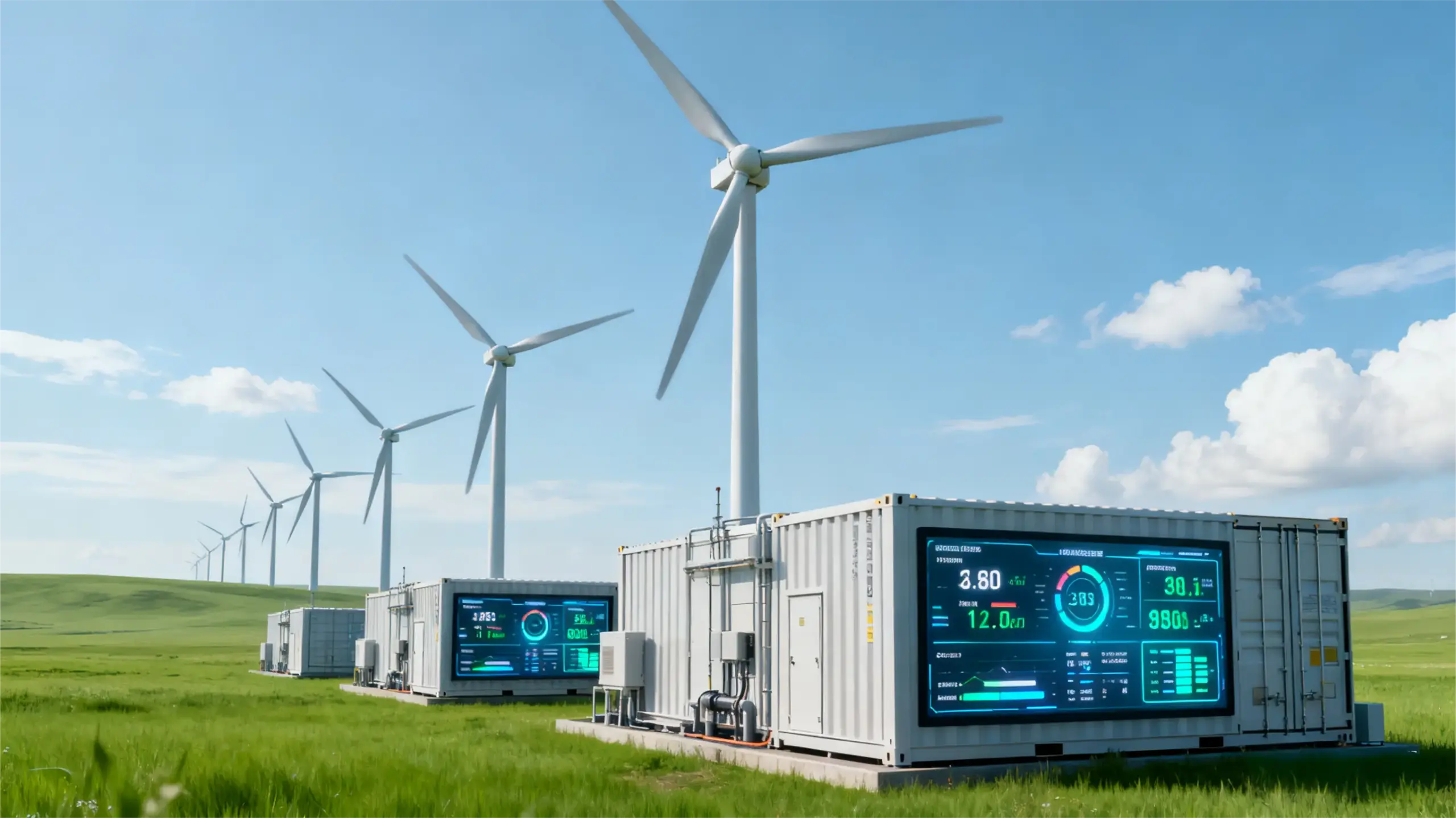 Containerisierte Energiespeichersysteme neben einem Windpark, zur Veranschaulichung von Speicheranwendungen in Wind-, Wasserstoff- und weiteren Projekten für erneuerbare Energien