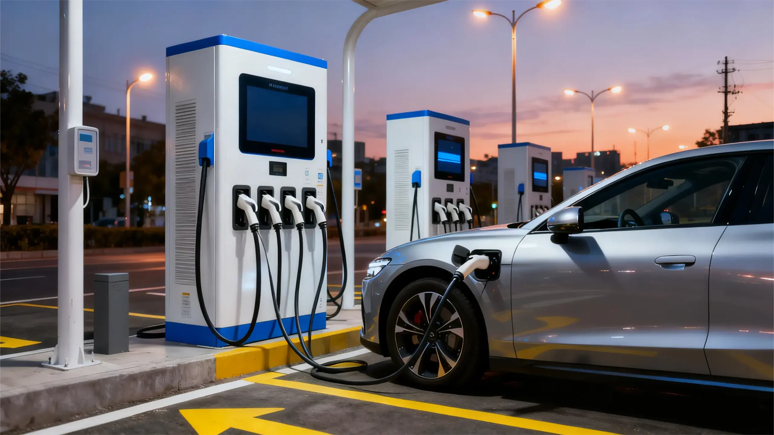 EV-Schnellladestation in der Dämmerung mit angeschlossenem Auto, zur Veranschaulichung von Schnellladetechnologie und ihrem Einfluss auf die Batterielebensdauer
