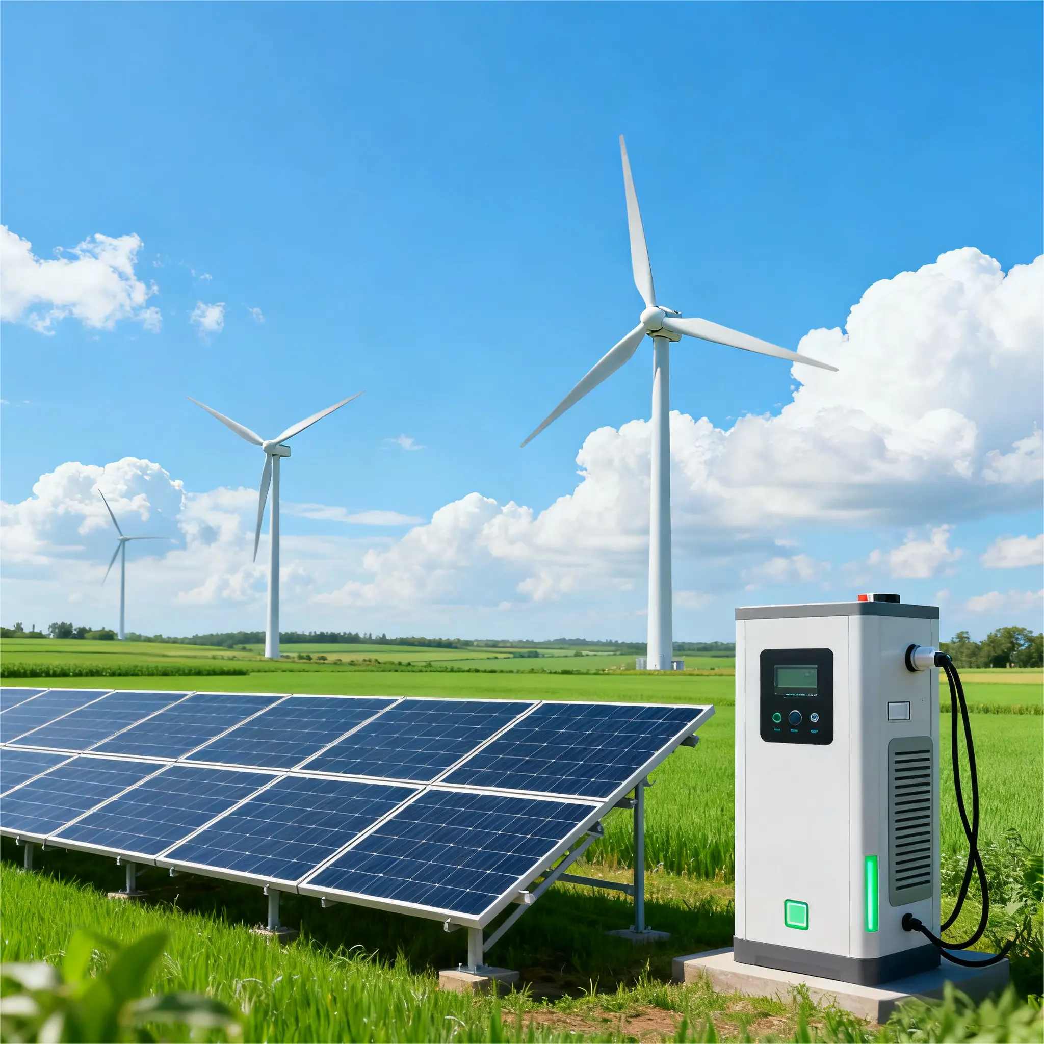 Solarmodule und Windturbinen versorgen eine Clean-Energy-Speicher-/Ladeeinheit, zur Veranschaulichung, wie erneuerbare Energien und Speicher Klimaneutralität unterstützen