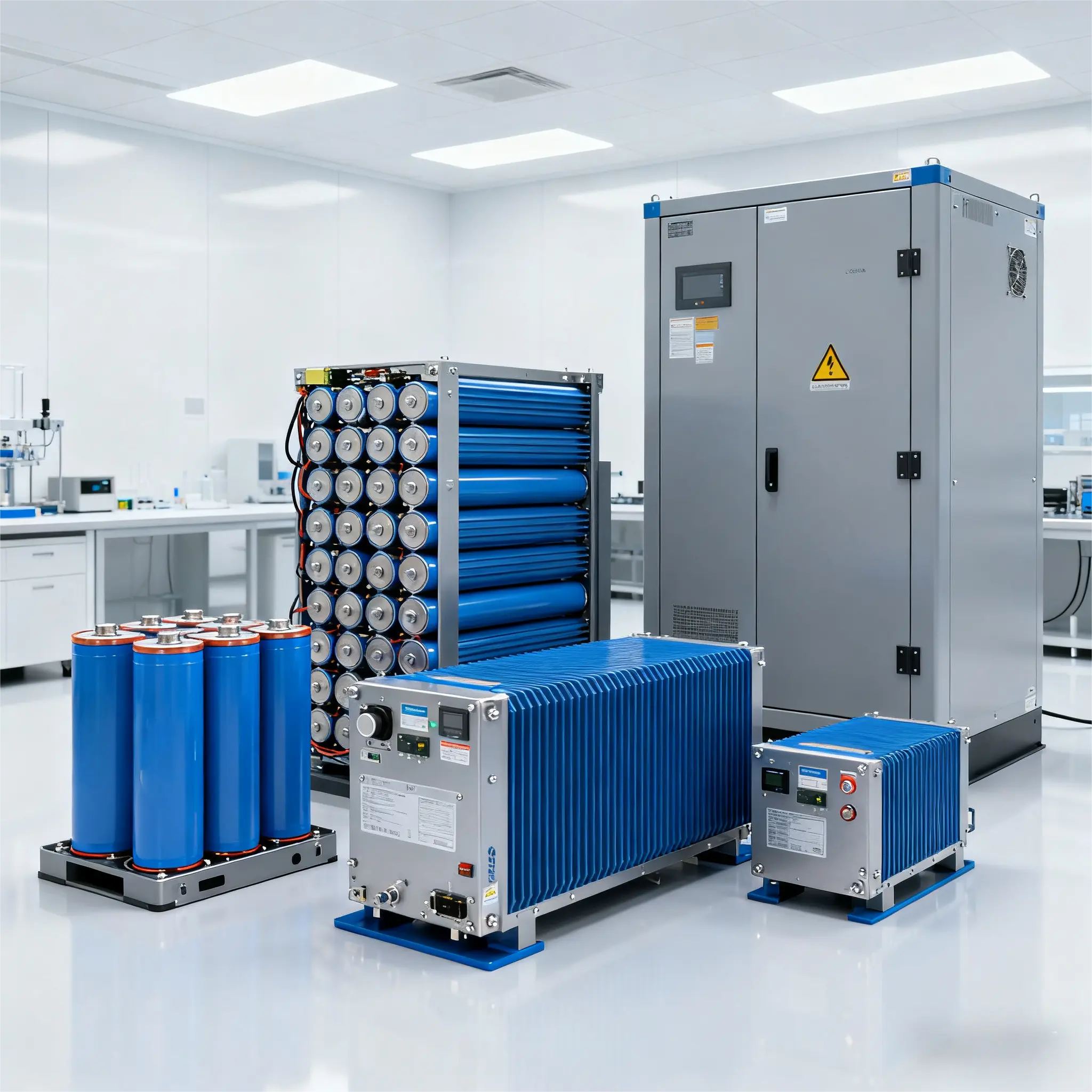Batteriezellen und BMS-Ausrüstung in einer Laborumgebung, zur Veranschaulichung von Ladezustandsmanagement-Methoden (SOC) für sicheren, präzisen Batteriebetrieb