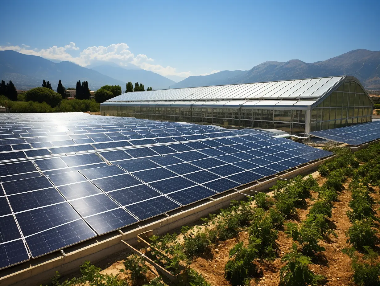 Große Solaranlage neben einem Gewächshaus vor einer Bergkulisse, sinnbildlich für die Integration von Solarenergie und Speicherladung