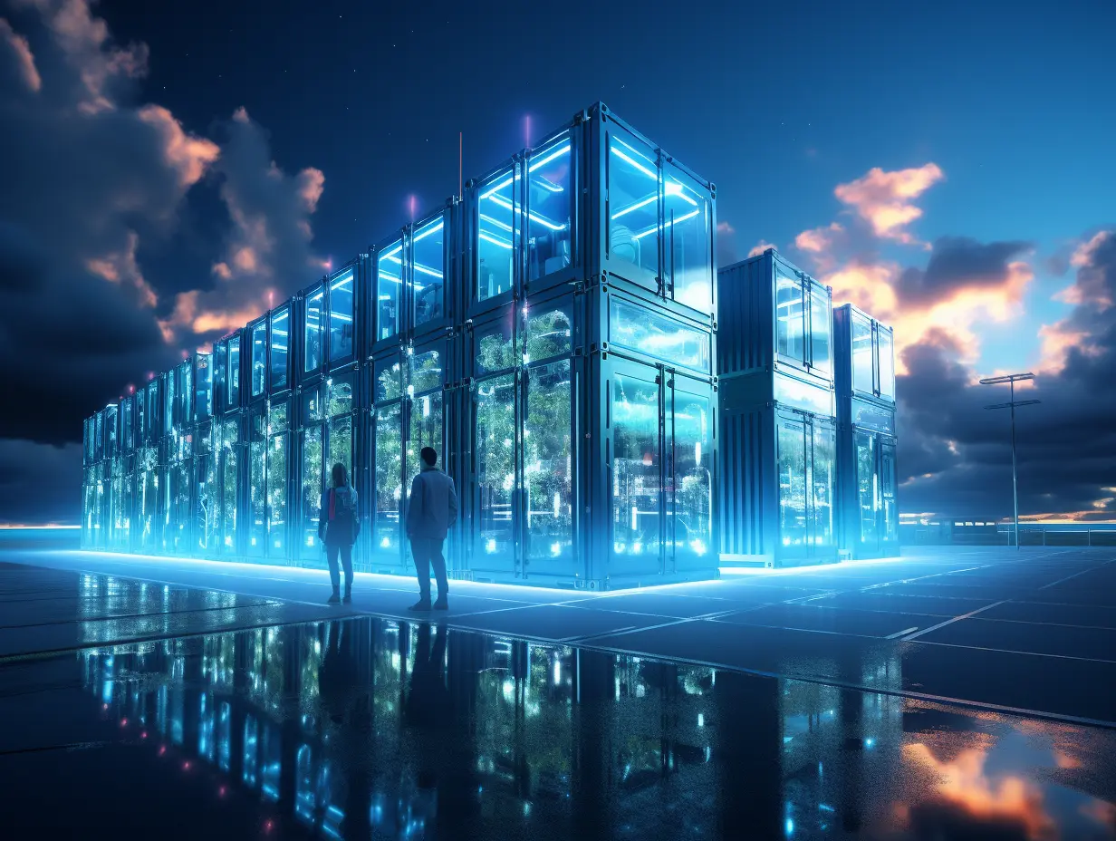 Futuristische, blau leuchtende Energiespeichercontainer in der Dämmerung, zwei Personen betrachten die Anlage