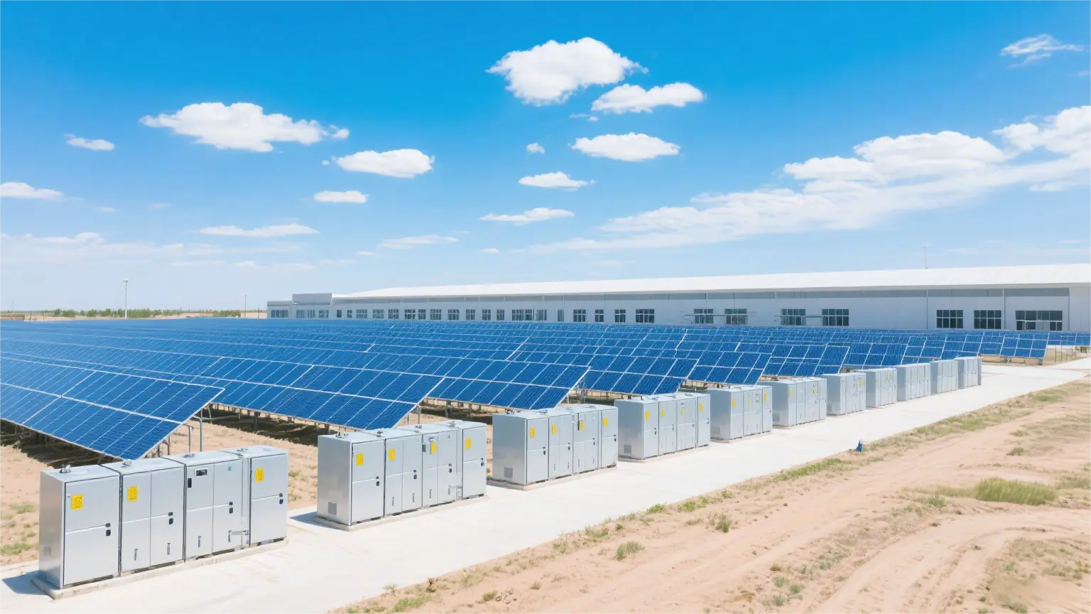 Solarpark mit mehreren in Reihen installierten Batteriespeicherschränken, zur Veranschaulichung von Reihen- und Parallelschaltung für Effizienz und Sicherheit