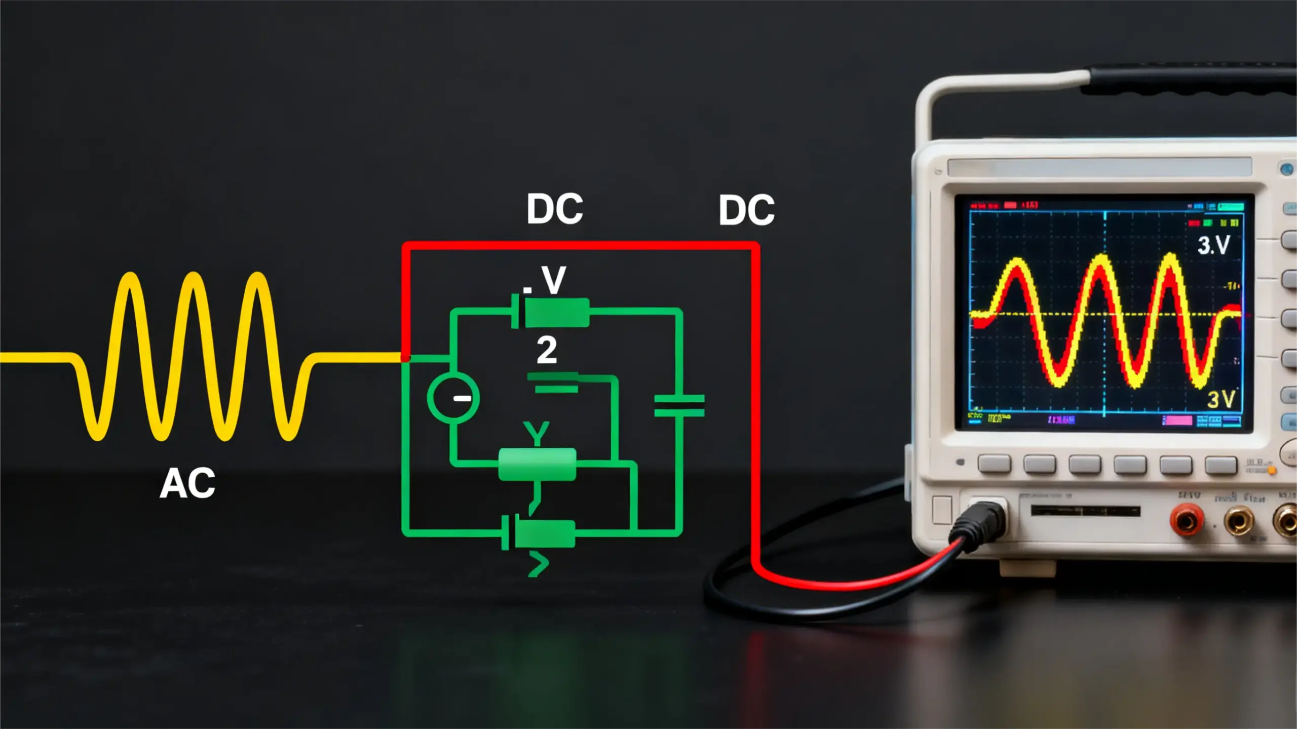 AC- und DC-Wellenformen mit Schaltplan und Oszilloskop-Anzeige, zur Veranschaulichung des Unterschieds zwischen DC- und AC-gekoppelten Energiespeichersystemen