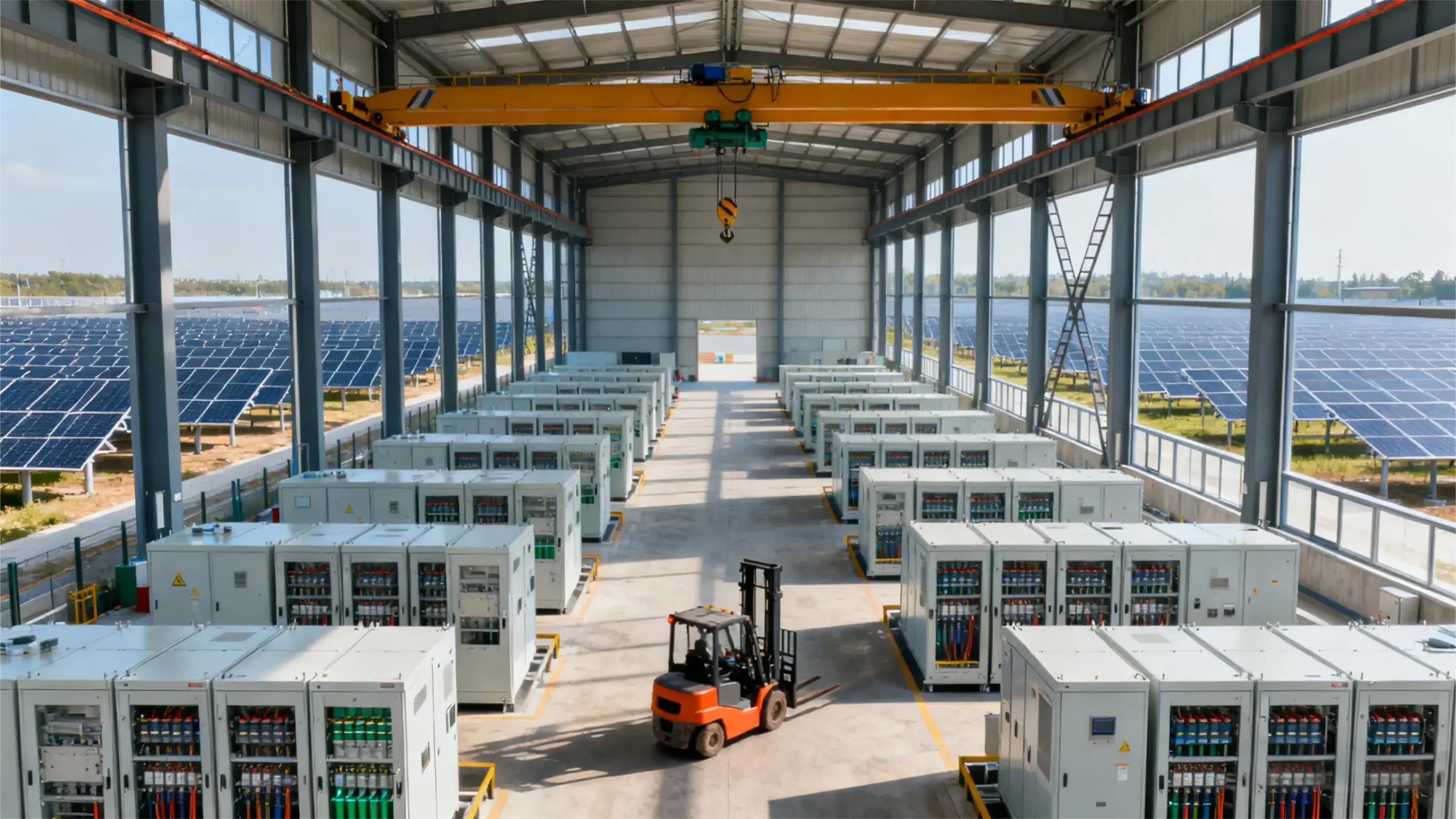 Industrielle Energiespeicherinstallation mit mehreren Batterieschränken in einer Halle neben einer Solaranlage, zur Veranschaulichung von Spitzenlastkappung zur Senkung von Leistungsentgelten