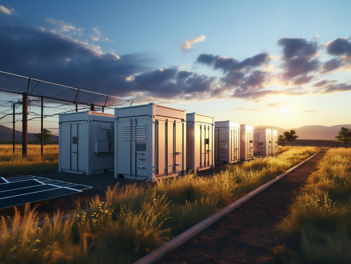 Reihe containerisierter Batteriespeichereinheiten in einer weiten Graslandschaft bei Sonnenuntergang, sinnbildlich für globale Trends im Energiespeichermarkt