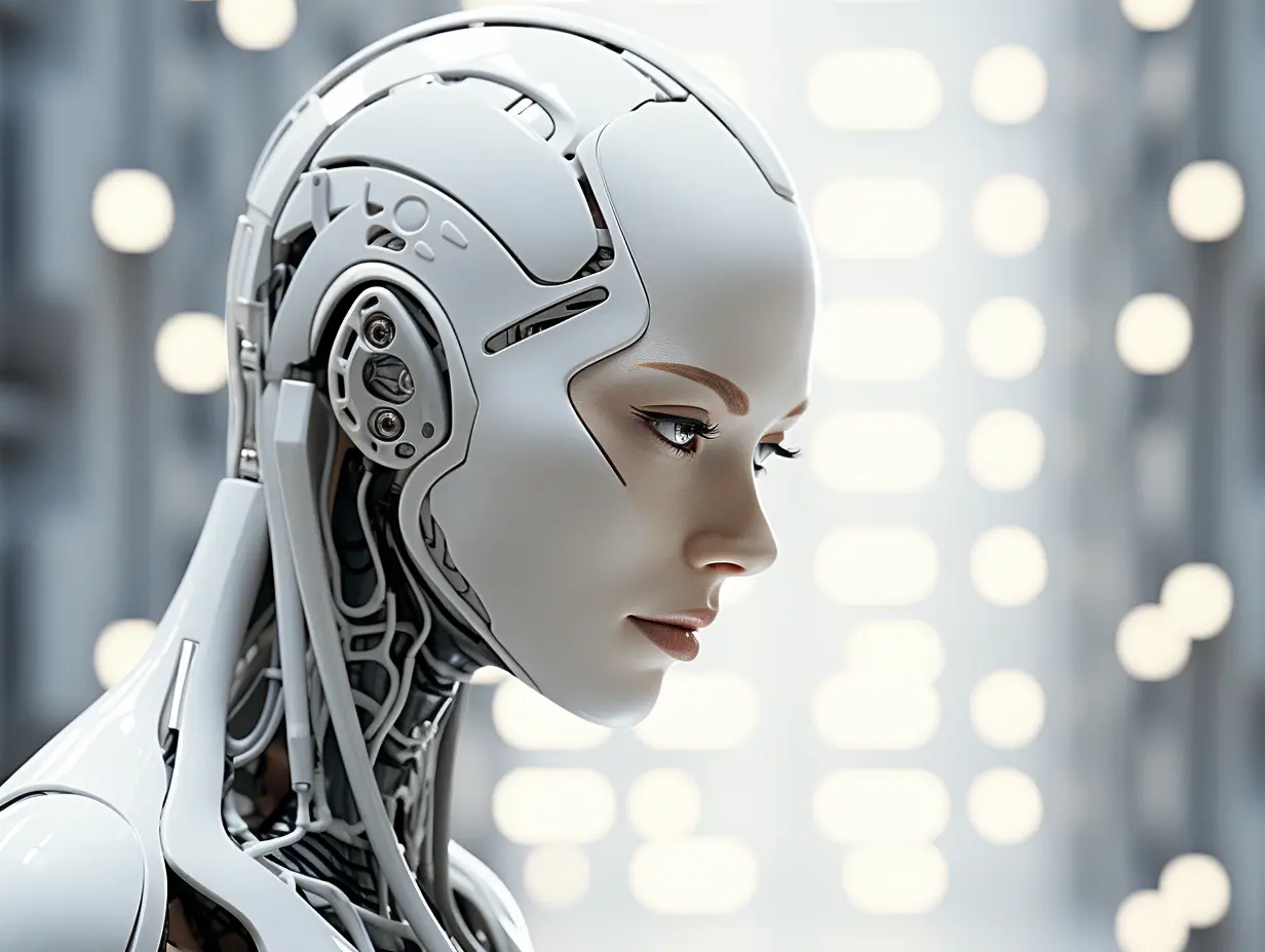 Nahaufnahme eines humanoiden Roboterkopfes, sinnbildlich für KI-gestützte intelligente Steuerung in der Energiespeicherung