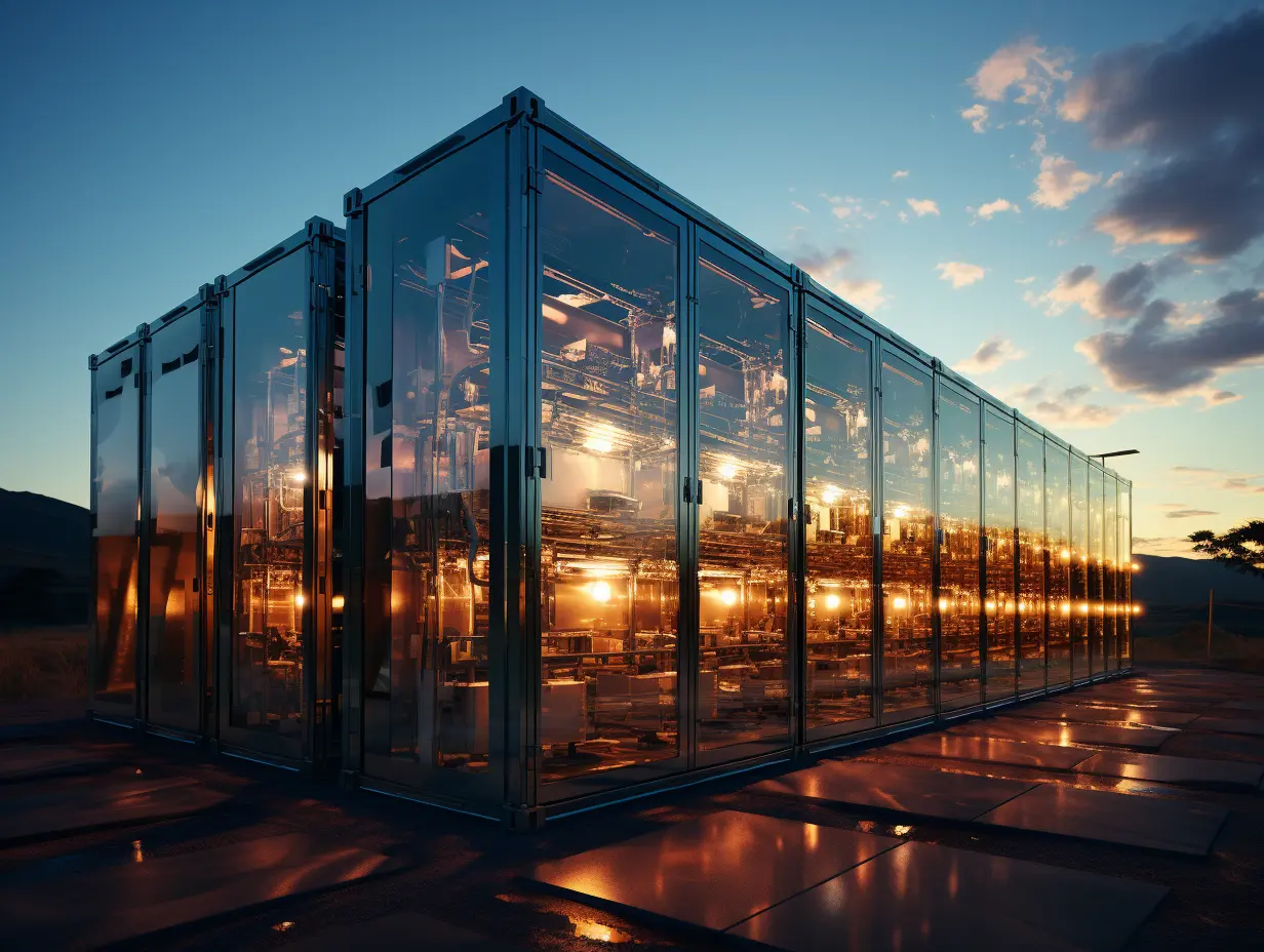 Containerisierte Energiespeicheranlage bei Sonnenuntergang, sinnbildlich für Kosten, Amortisation und Kapitalrendite (ROI) eines Speichersystems