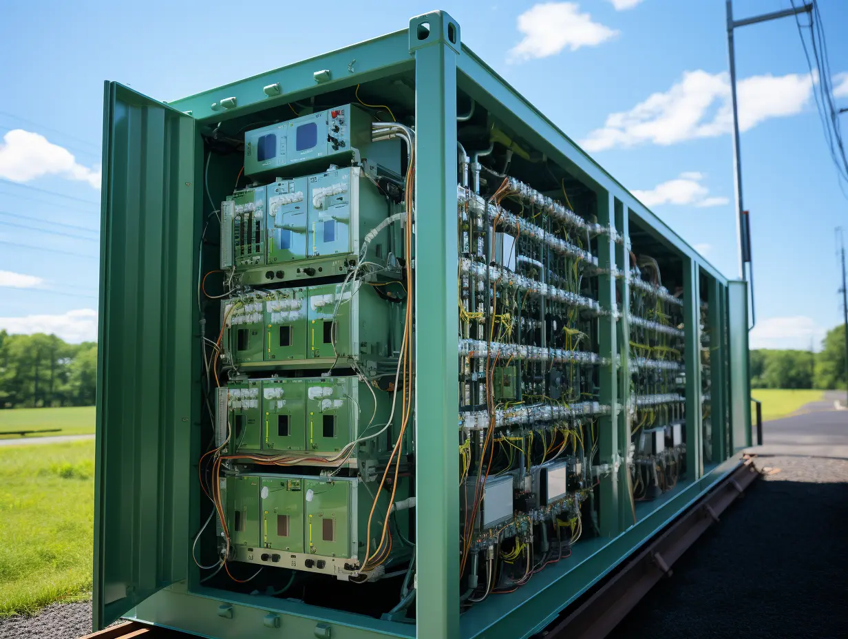 Offener grüner Container mit komplexer Anlagentechnik einer Vanadium-Redox-Flow-Batterie