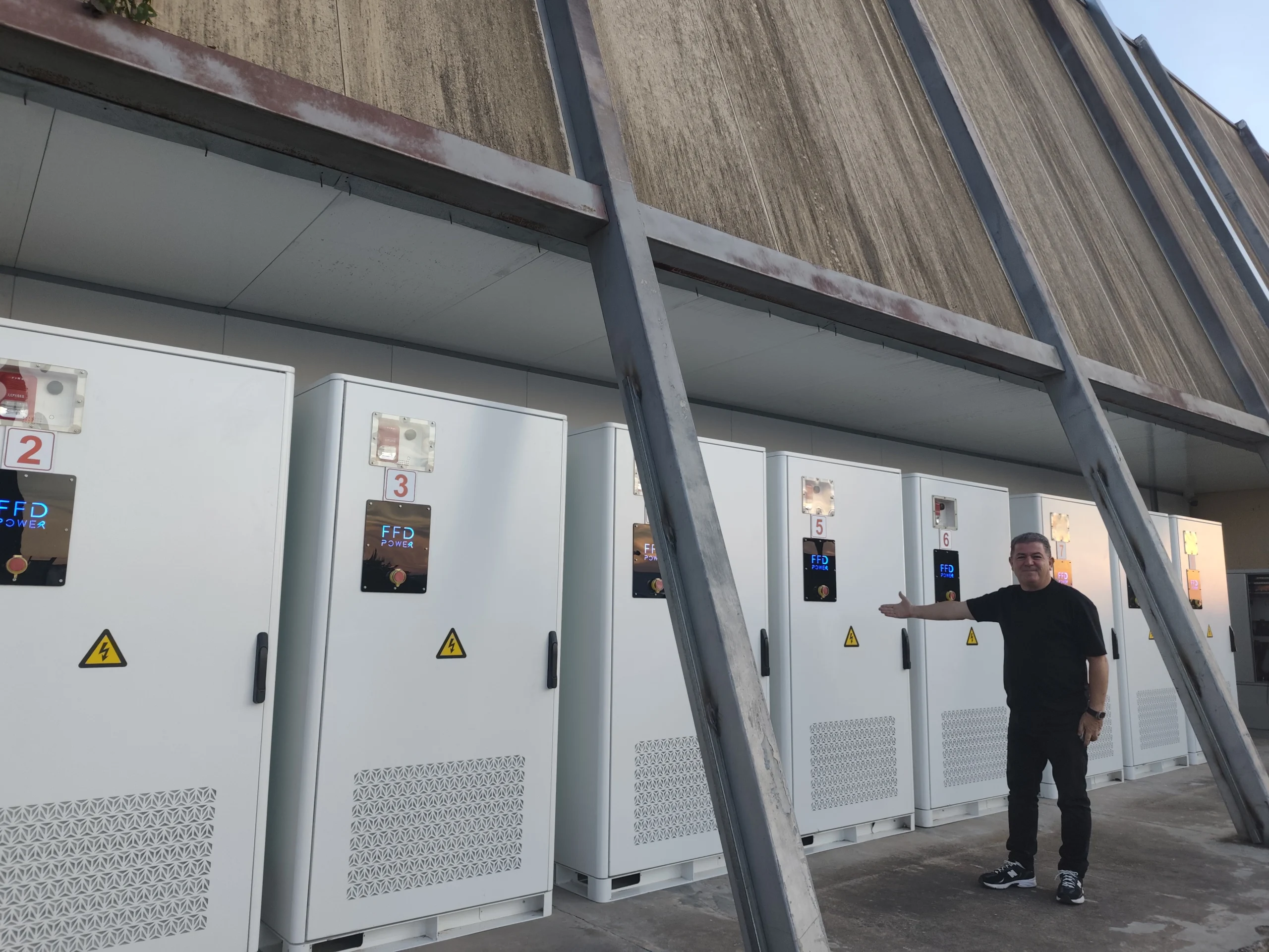 Nummerierte FFD POWER Batterieschränke in einer Reihe unter einem angewinkelten Betondach, ein Mann präsentiert die Anlage