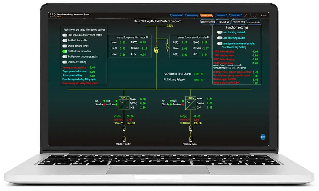 Laptop mit FFD EMS-Software-Dashboard: Systemdiagramm eines 200kW/466kWh-Speichers in Italien mit zwei PCS-Batterieclustern und Rückspeiseschutz-Zählern