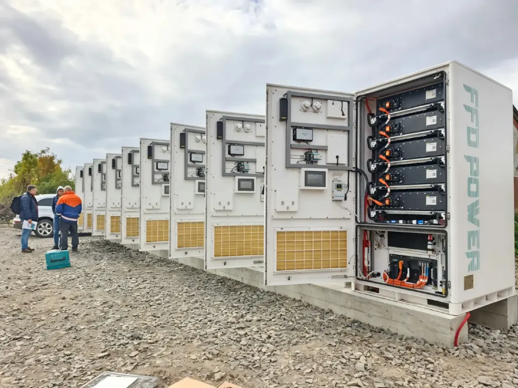 BESS-Systemarchitektur-Diagramm für Energieverschiebung in der Ukraine: EMS-gesteuertes Laden aus PV-Überschuss und Entladen in Spitzenpreiszeiten