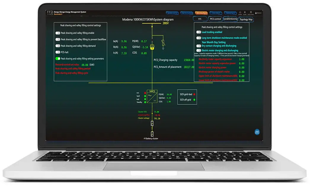 Laptop mit FFD EMS-Software-Dashboard: Modena-Systemdiagramm mit STS-Umschaltstatus (netzgekoppelt/Inselbetrieb)