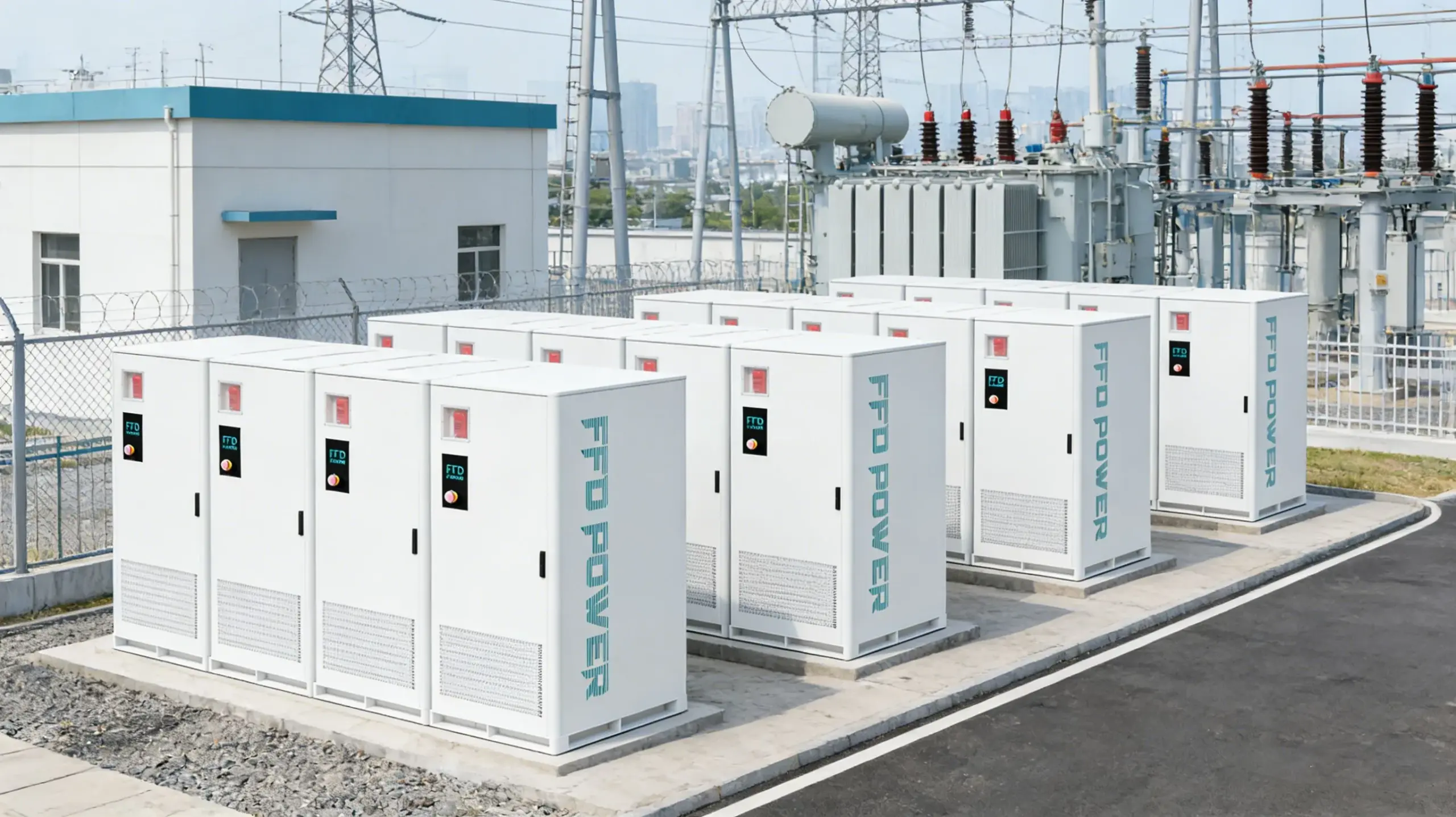 FFD POWER Batterieschränke direkt neben einem Umspannwerk mit Transformatoren und Hochspannungsleitungen