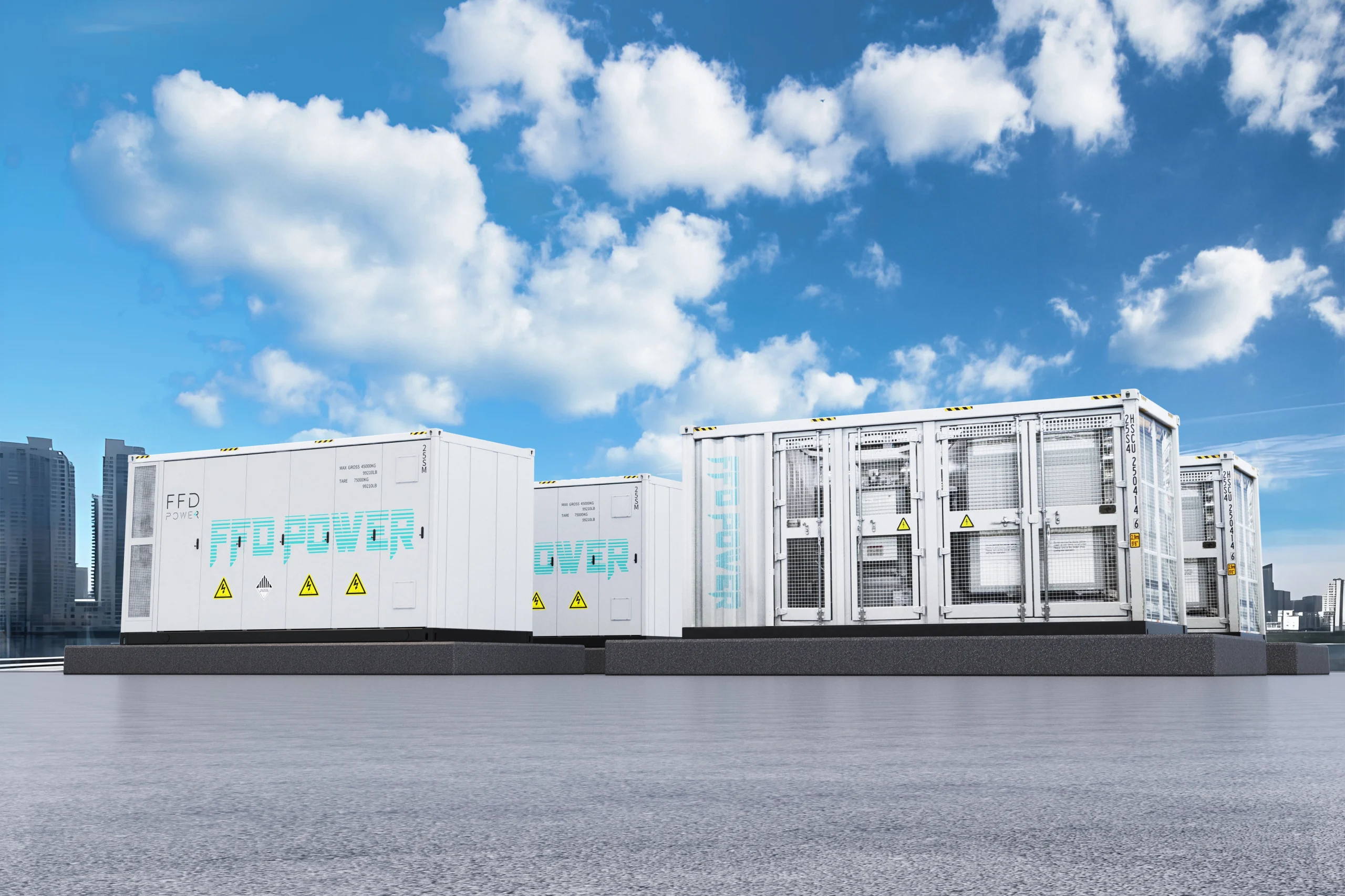 FFD POWER 20-Fuß-Container-BESS-Einheiten mit Hochspannungs-Warnhinweisen vor einer Stadtskyline am Wasser