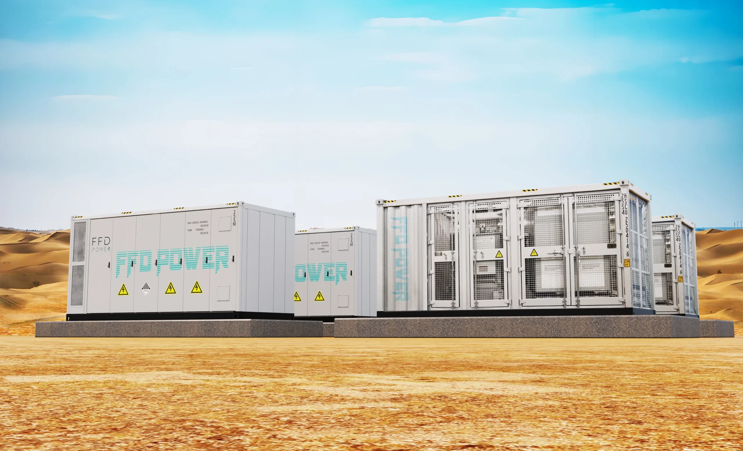 FFD POWER 20-Fuß-Container-BESS-Einheiten in einer Wüstenlandschaft