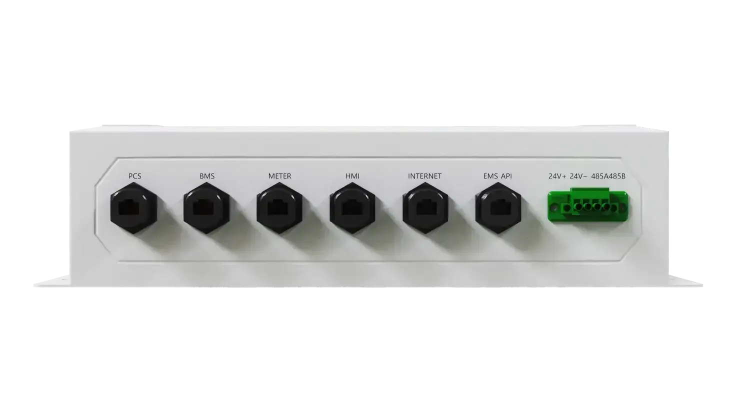 ANYPORT-Anschlussmodul mit beschrifteten Ports für PCS, BMS, Meter, HMI, Internet und EMS API sowie einer Klemmleiste für 24V-Versorgung und RS485-Kommunikation