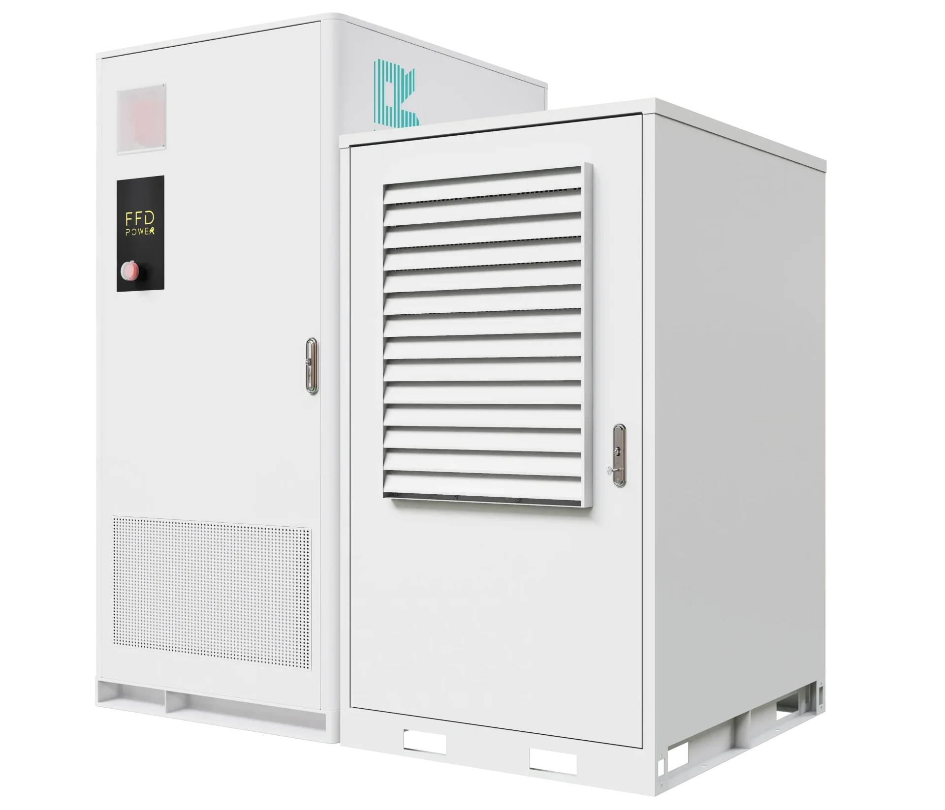 Zwei FFD POWER Batterieschränke nebeneinander: links mit Bedienpanel und Not-Aus-Schalter, rechts mit großflächigem Lüftungsgitter an der Fronttür