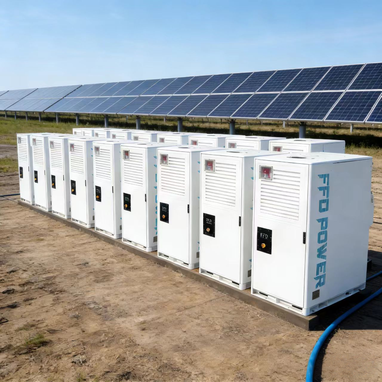 Lange Reihe von FFD POWER Batterieschränken unterhalb eines Solarparks mit bodenmontierten PV-Modulen
