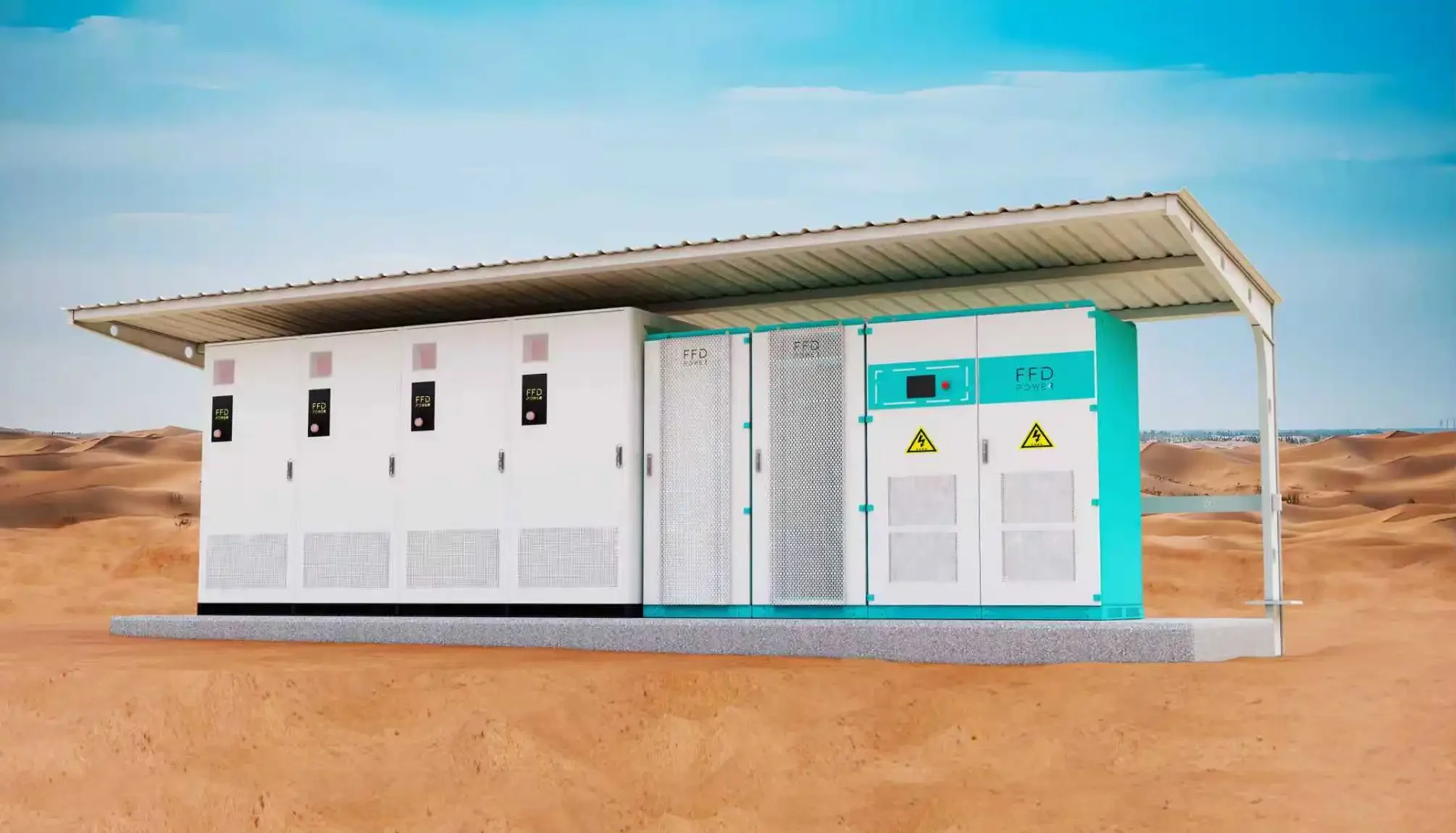 FFD POWER Solar-Energiespeicher-Installation in Wüstenumgebung mit Batterieschränken und Mikronetz-Steuereinheit