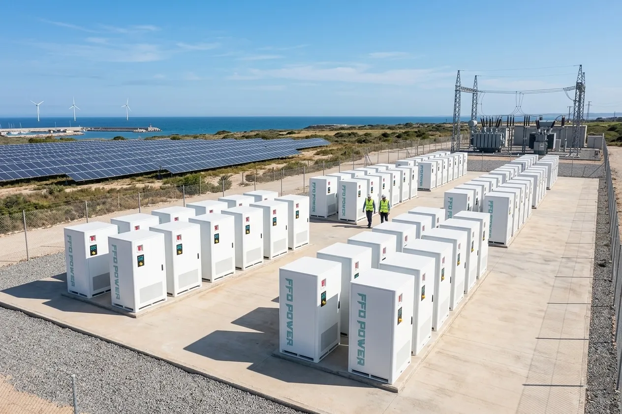 Reihen von FFD POWER Batterieschränken auf einem Freiflächen-Speicherprojekt an der Küste, mit PV-Solaranlage, Umspannwerk und Windrädern im Hintergrund