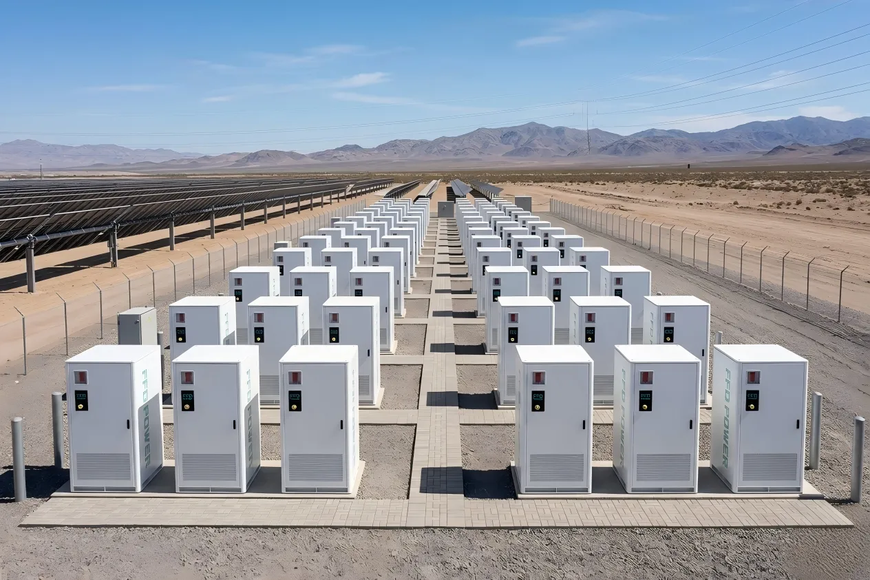 Großflächige BESS-Anlage mit zahlreichen Reihen von FFD POWER Batterieschränken neben einem PV-Solarpark in einer Wüstenlandschaft