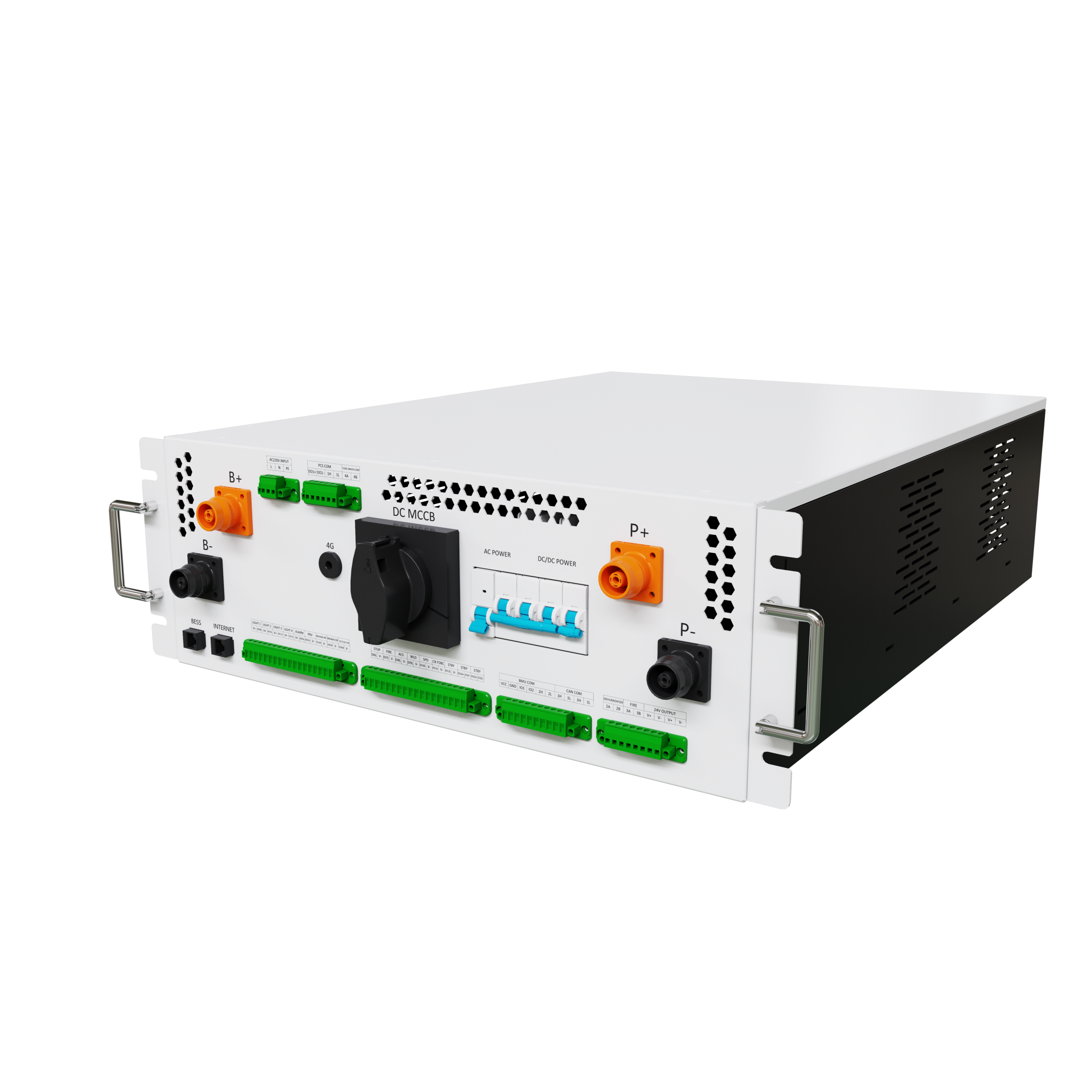 BMS-Steuereinheit im 19-Zoll-Rack-Format mit DC-Anschlüssen (B+/B-, P+/P-), Klemmleisten für BMU-, PCS- und CAN-Kommunikation sowie AC-Schutzschaltern