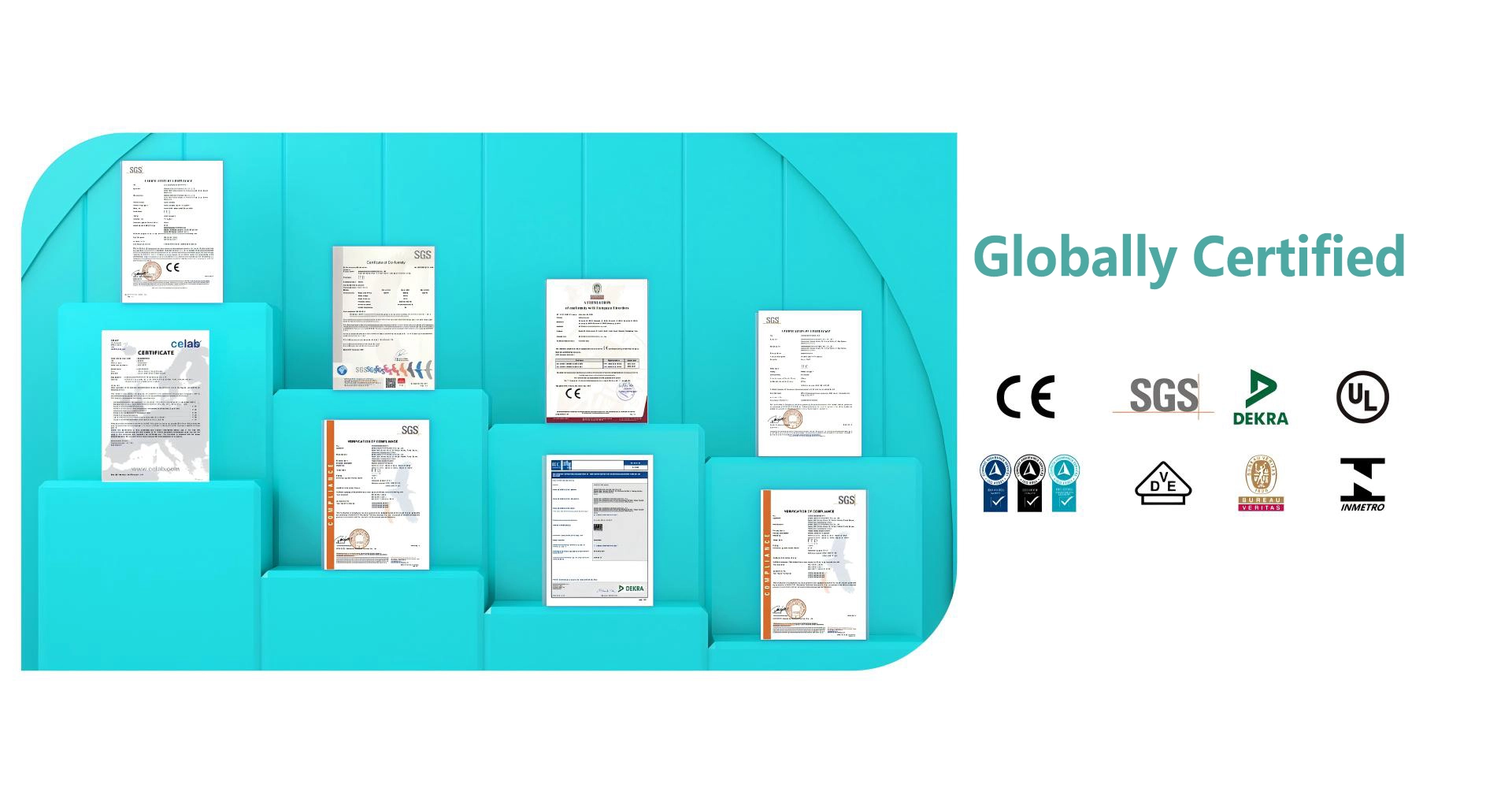 Grafik „Globally Certified" mit Zertifikaten und Prüfsiegeln von CE, SGS, DEKRA, UL, VDE, Bureau Veritas und INMETRO