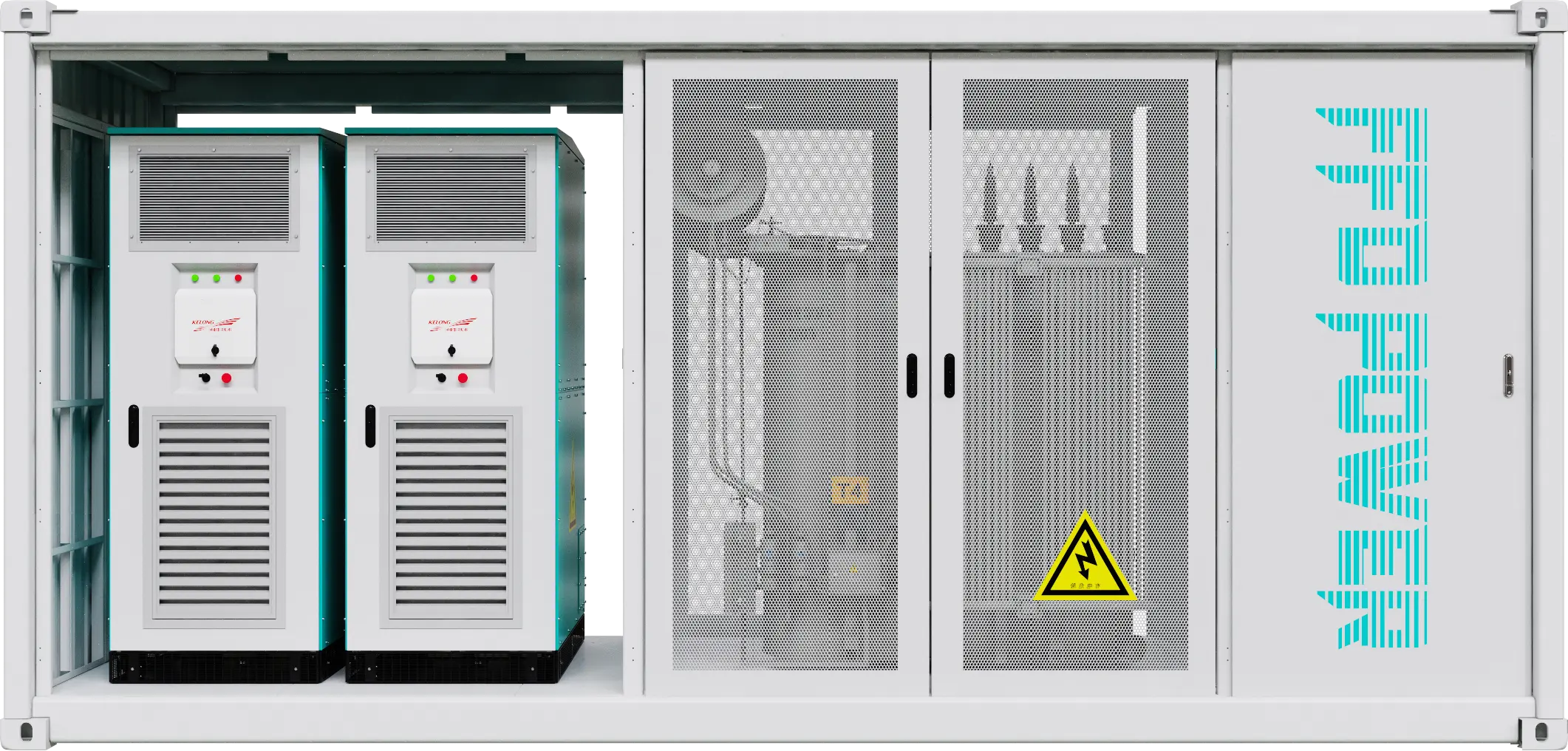 Galaxy 5015 zentralisiertes Energiespeichersystem, Innenansicht mit zwei zentralen PCS-Einheiten und Kabelfächern