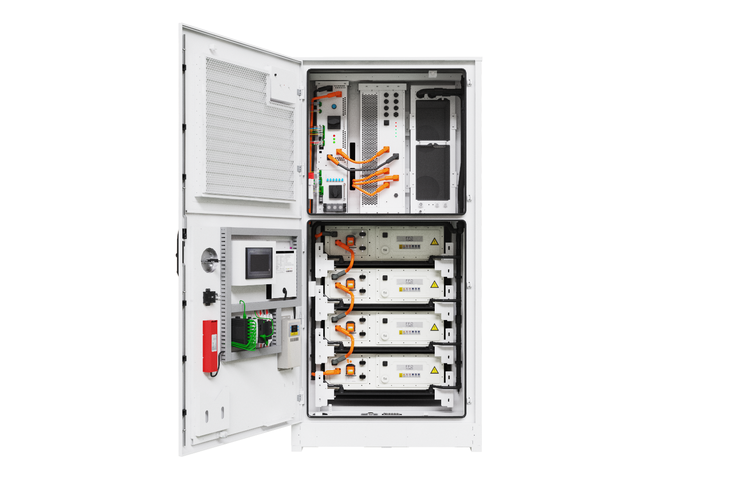 Galaxy 418L Energiespeichersystem: geöffneter Schrank mit Elektronikfach oben und vier Batteriemodulen mit HMI-Touchscreen unten