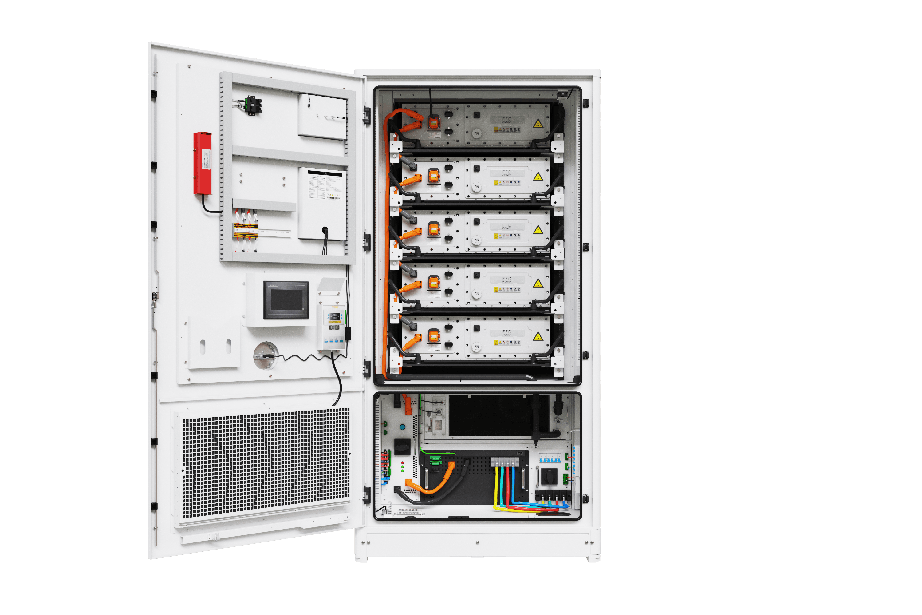 All-in-One-Energiespeichersystem Galaxy 261L, geöffneter Schrank mit fünf Batteriemodulen, HMI-Touchscreen und Anschlussfeld