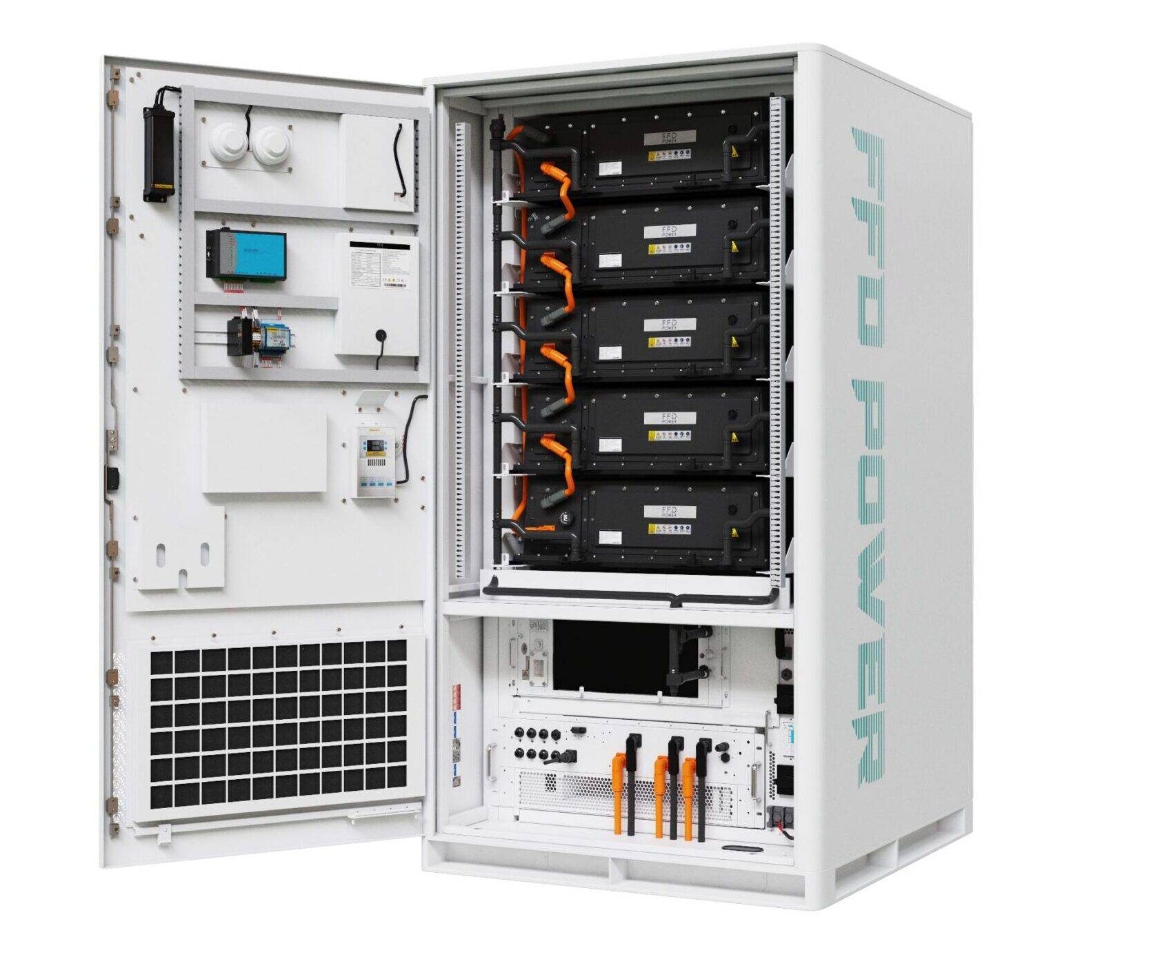 Lumen 115 Natrium-Ionen-Energiespeicherschrank, geöffneter Schrank in perspektivischer Ansicht mit fünf Batteriemodulen und PCS-Fach