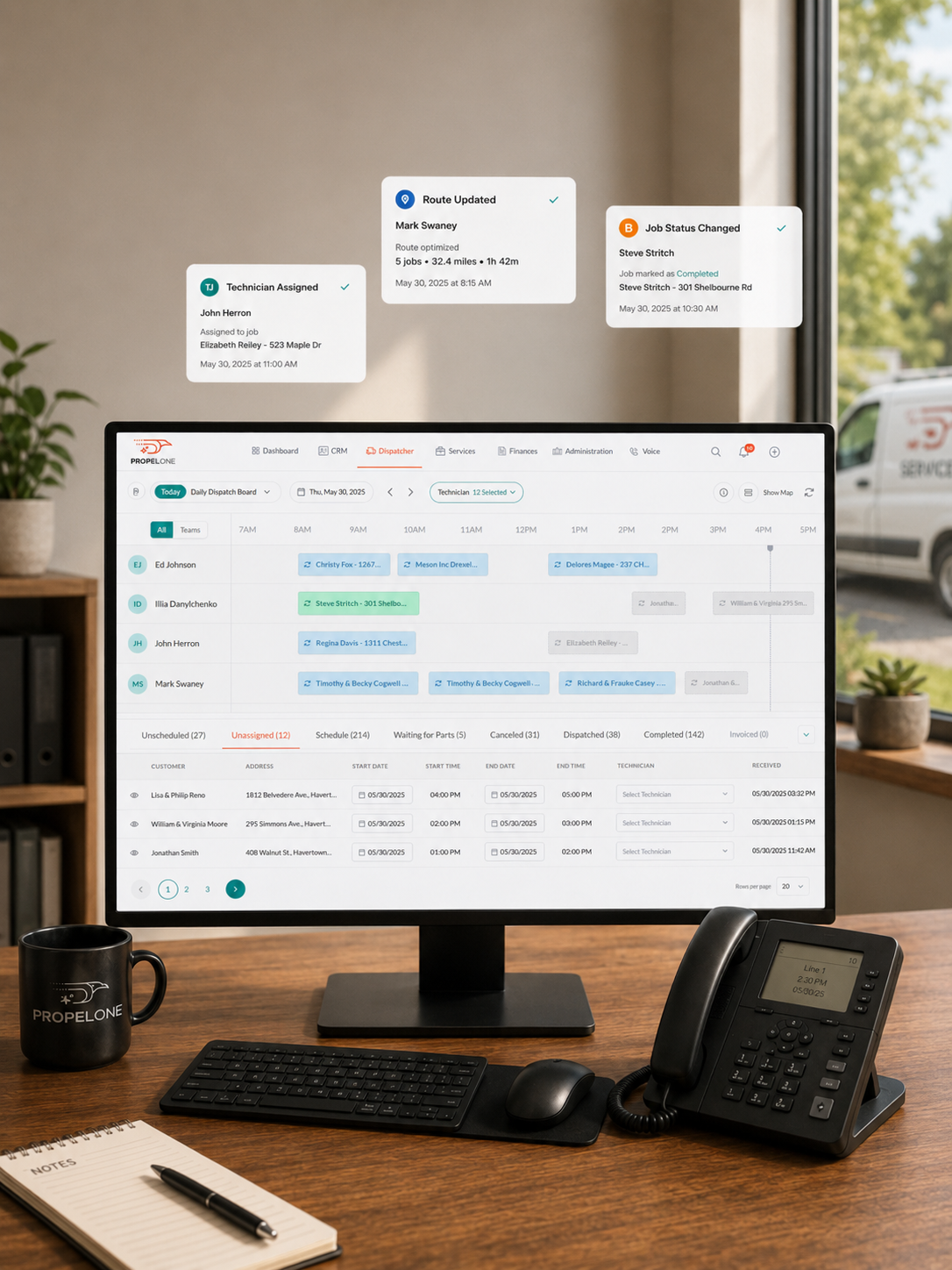 PropelOne Voice AI call summary beside the dispatch board with the newly booked job