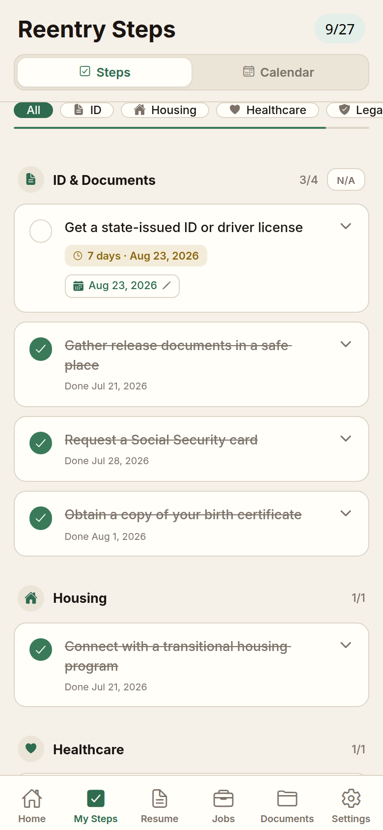 Reentry Steps checklist in the Free and Forward app with due dates and completed tasks