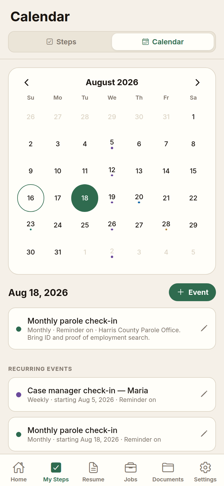 Calendar in the Free and Forward app showing a monthly parole check-in and weekly case manager check-in